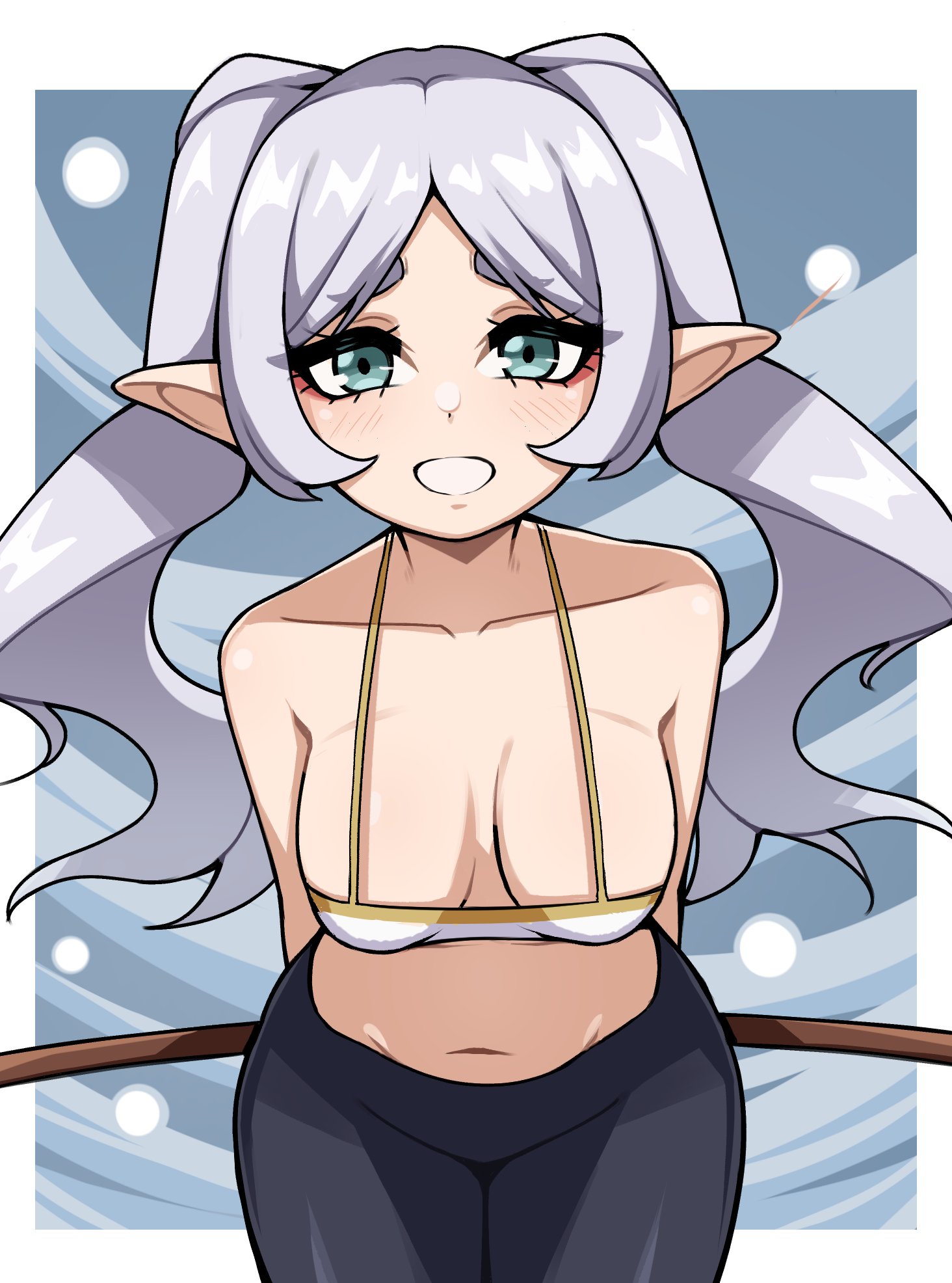 oninuer, frieren, sousou no frieren, commentary, english commentary, highres, paid reward available, 1girl, alternate breast size (larger), aqua eyes, arms behind back, black pants, blue background, border, breasts, collarbone, cowboy shot, crop top, elf, grey hair, large breasts, long hair, looking at viewer, outside border, pants, parted bangs, pointy ears, raised inner eyebrows, smile, solo, staff, straight-on, twintails, white border