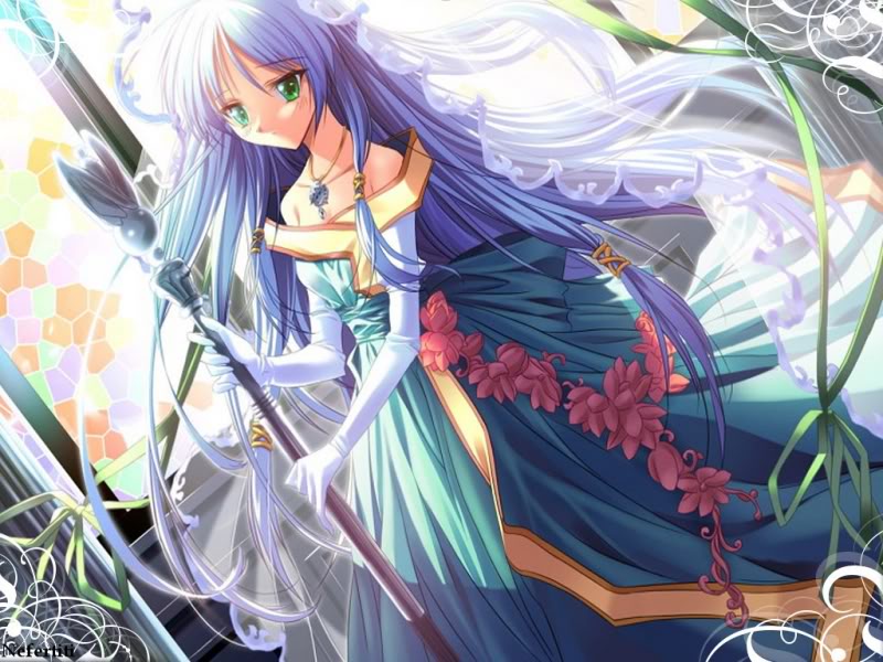 blue hair, dress, flower, gown, green eyes, hair ribbon, jewelry, long hair, necklace, nefertiti, ribbon, rose, staff