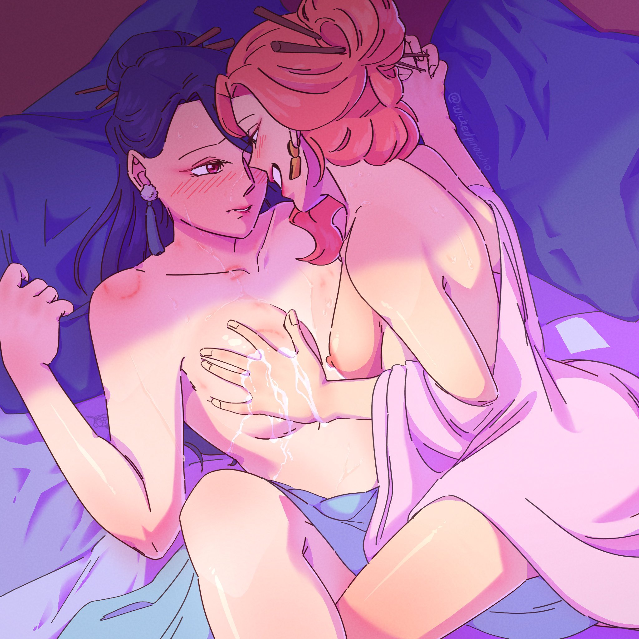 gyokuyou (kusuriya no hitorigoto), lihua (kusuriya no hitorigoto), kusuriya no hitorigoto, highres, bed sheet, bite mark, blue hair, blush, breasts, earrings, grin, groping, hair ornament, hair stick, holding hands, jewelry, lactation, large breasts, medium breasts, nipples, pillow, pink eyes, pink hair, smile, yuri