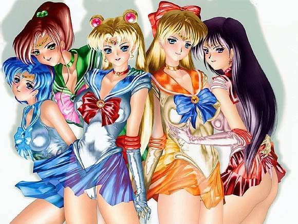 satoshi igarashi, aino minako, hino rei, kino makoto, mizuno ami, sailor jupiter, sailor mars, sailor mercury, sailor moon, sailor venus, tsukino usagi, bishoujo senshi sailor moon, 5girls, everyone, multiple girls, thighhighs
