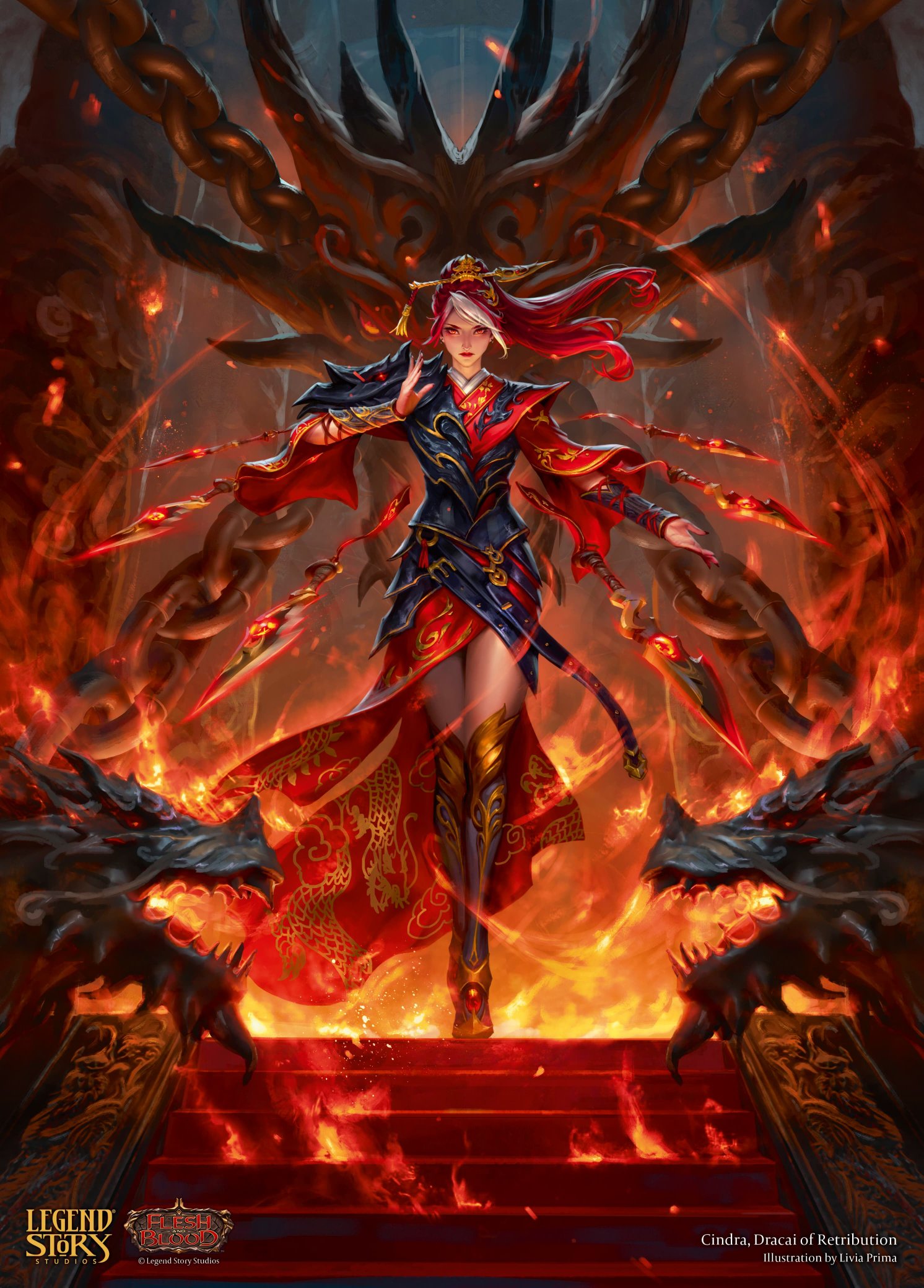 livia prima, highres, official art, 1girl, artist name, chain, character name, cindra (flesh and blood), closed mouth, copyright name, dragon statue, flesh and blood, floating, floating object, floating weapon, full body, knife, multicolored hair, red eyes, red hair, solo, throwing knife, weapon, white hair