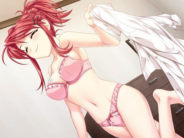 saeki hokuto, minamoto rui, rui wa tomo wo yobu, game cg, tagme, 1girl, barefoot, blush, bra, breasts, closed eyes, feet, female focus, lingerie, navel, panties, red hair, smile, solo, thighhighs, underwear