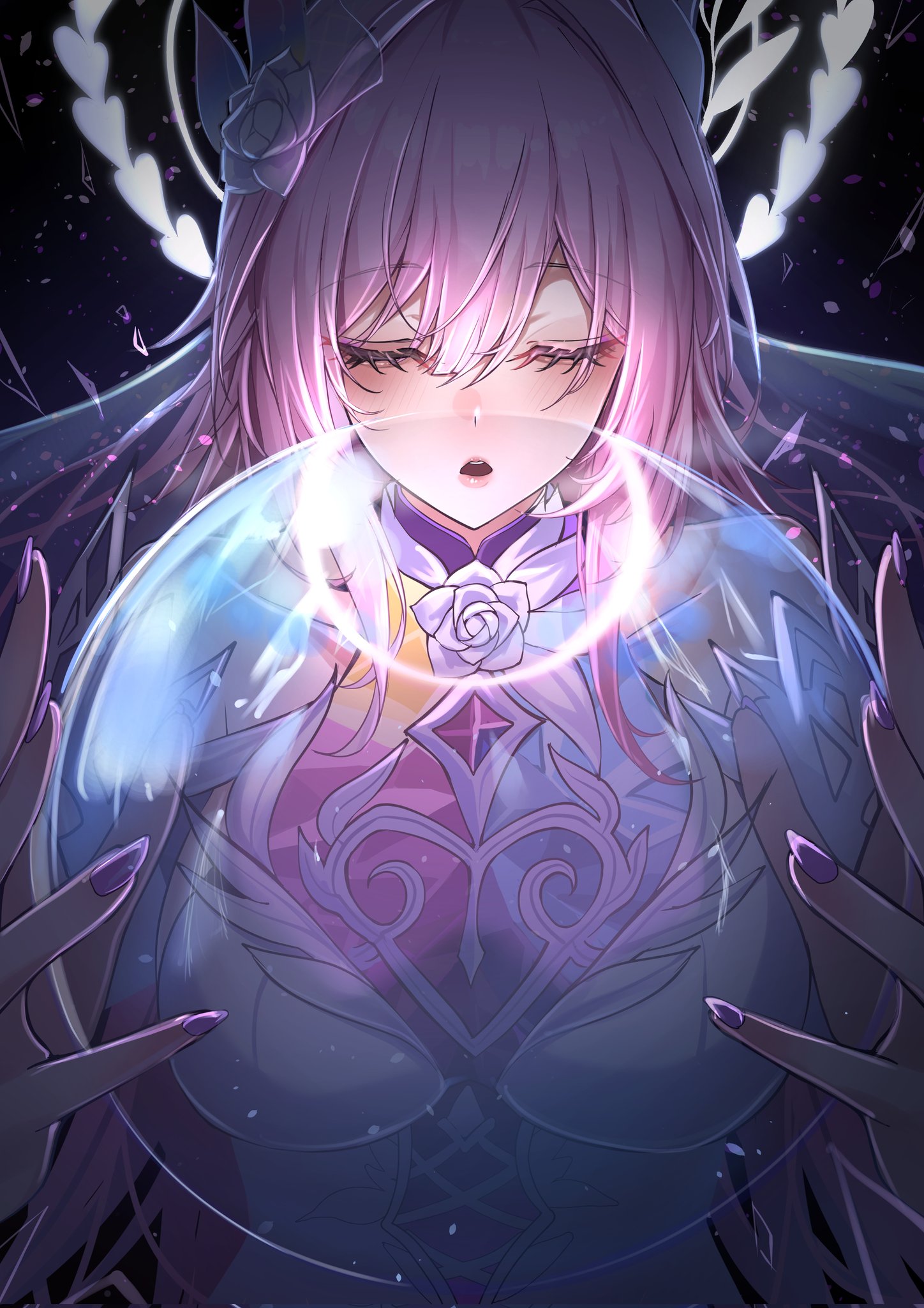 kamishiro noa, cyrene (honkai: star rail), cyrene (ripples of past reverie) (honkai: star rail), honkai: star rail, honkai (series), commentary request, highres, 1girl, alternate breast size (larger), breasts, closed eyes, facing viewer, fingernails, hair between eyes, halo, hands up, holding orb, large breasts, light blush, long hair, nail polish, open mouth, pink hair, purple nails, solo, upper body, veil, white veil