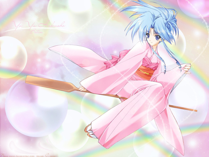 suzuhira hiro, botan (yu yu hakusho), yuu yuu hakusho, 1girl, blue eyes, blue hair, female focus, japanese clothes, kimono, long hair, matching hair/eyes, oar, shinigami, sidesaddle, solo