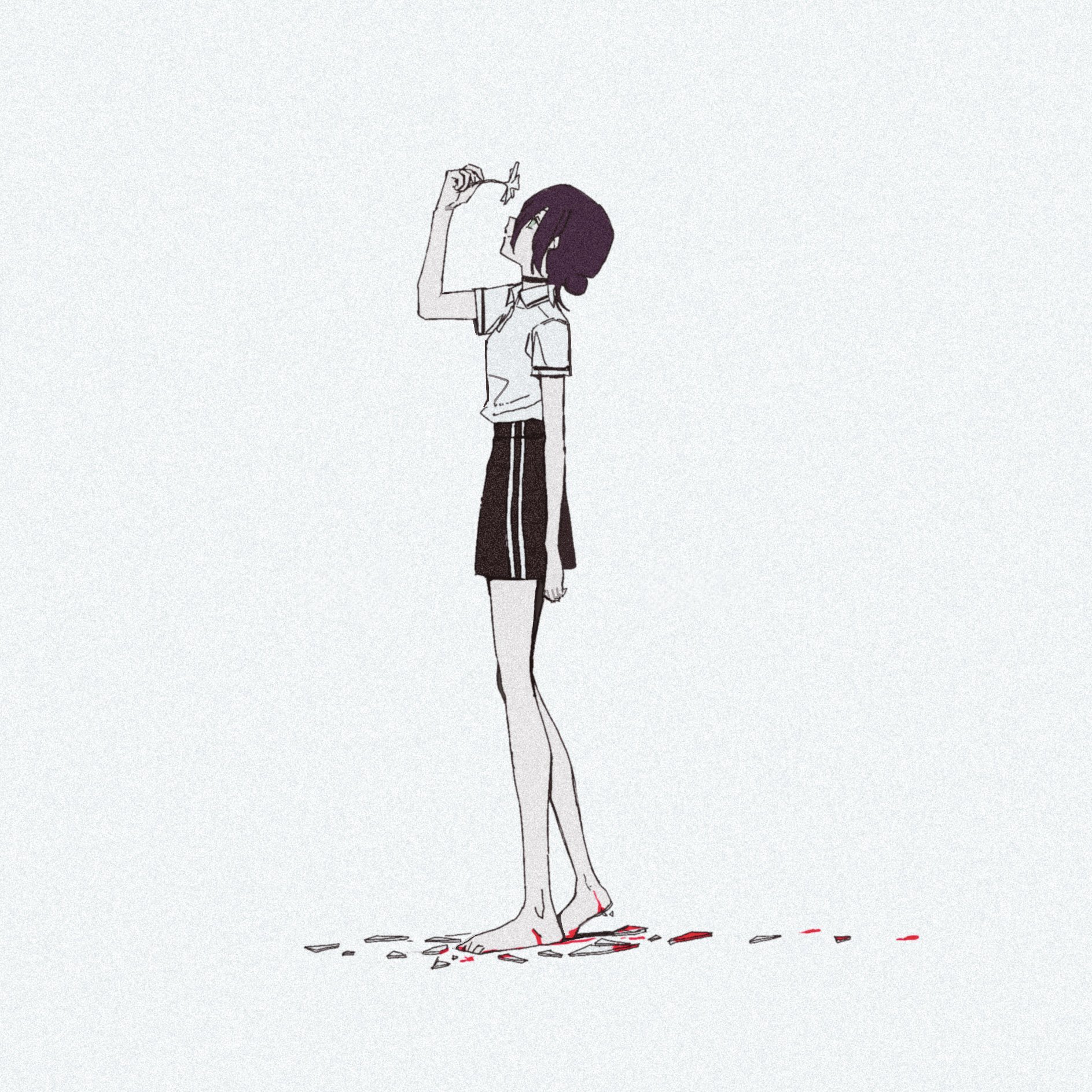 mitsubachi (roundbee), reze (chainsaw man), chainsaw man, highres, 1girl, black choker, black hair, black shorts, blood, blood on feet, blue background, choker, flower, from side, full body, glass shards, gradient background, green eyes, hair bun, hand up, holding, holding flower, polo shirt, profile, shirt, short hair, shorts, solo, standing, white flower, white shirt