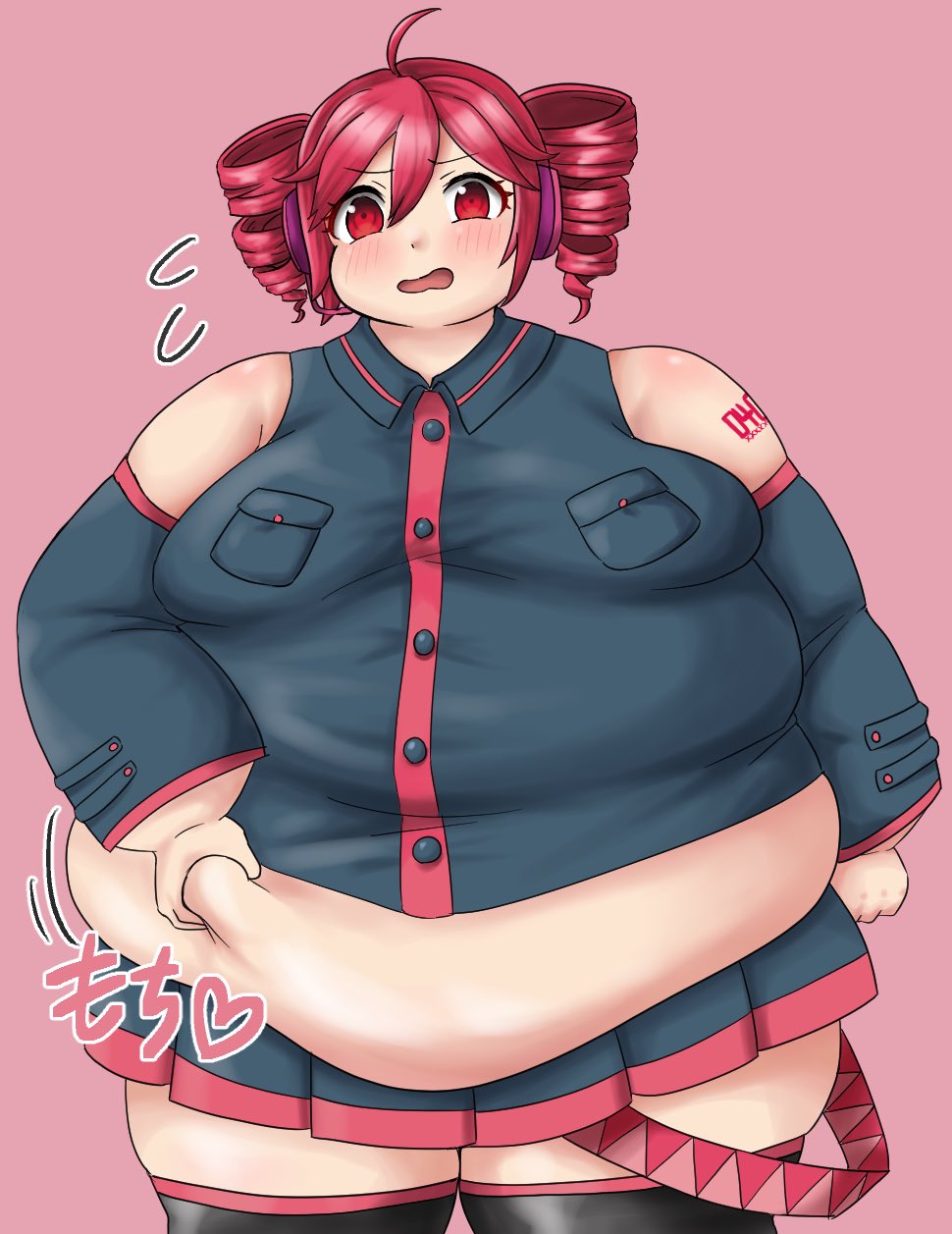 wakuwaku corporation, kasane teto, utau, vocaloid, 1girl, ahoge, arm tattoo, belly grab, big belly, black shirt, black skirt, black sleeves, black thighhighs, blush, breasts, collared shirt, detached sleeves, drill hair, fat, fat woman, hair between eyes, hair tubes, hand on own stomach, headphones, headset, heart, medium breasts, miniskirt, obese, open mouth, pink background, red eyes, red hair, shirt, short hair, skirt, sleeveless, sleeveless shirt, solo, sound effects, standing, tattoo, thick thighs, thighhighs, thighs, tight clothes, twin drills