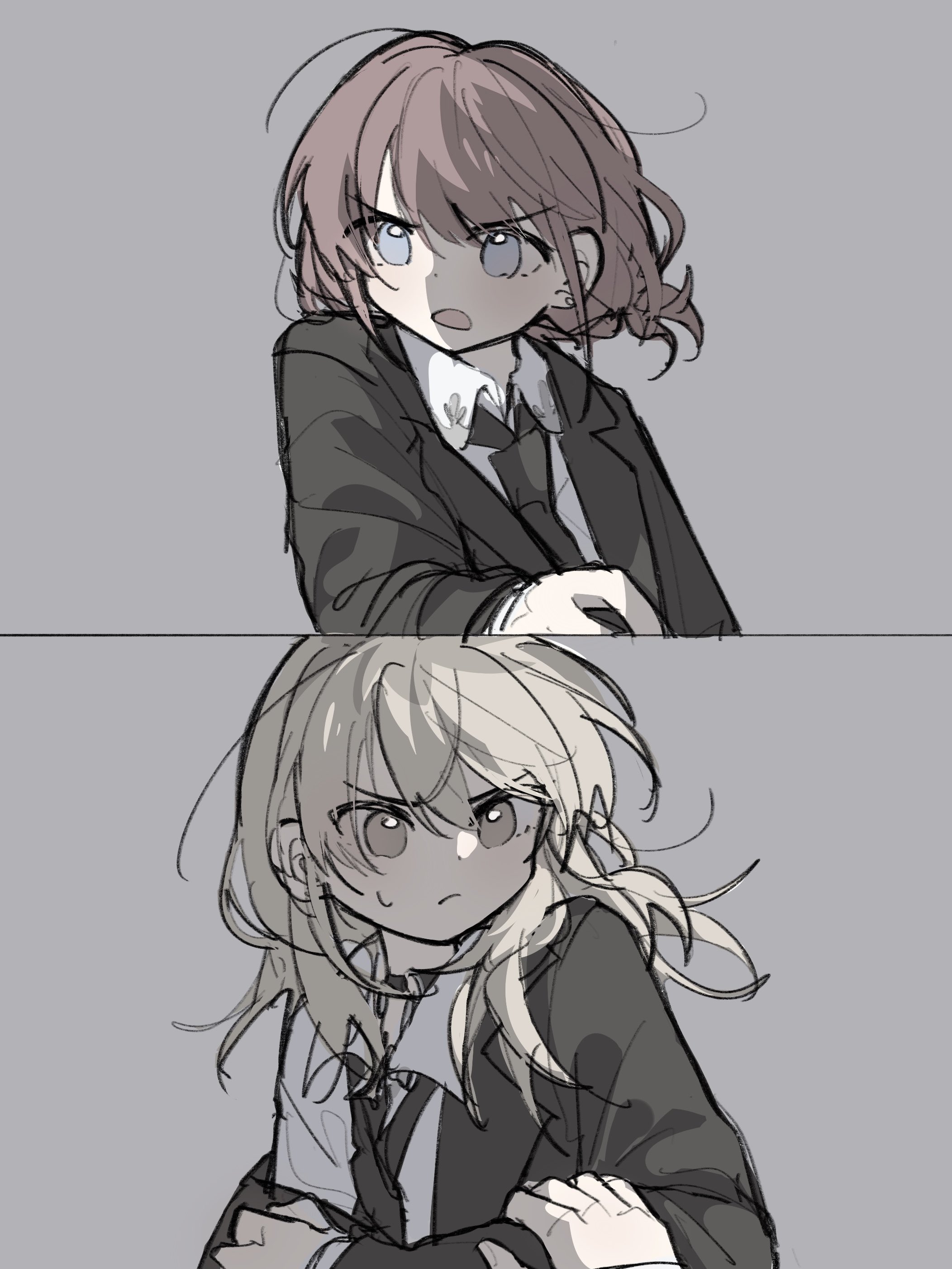 tetenohako, iseri nina, kawaragi momoka, girls band cry, absurdres, commentary request, highres, 2girls, black jacket, black necktie, blue eyes, brown hair, closed mouth, grabbing another's arm, grey hair, hair between eyes, jacket, long hair, multicolored hair, multiple girls, necktie, open mouth, roots (hair), shirt, single off shoulder, white shirt