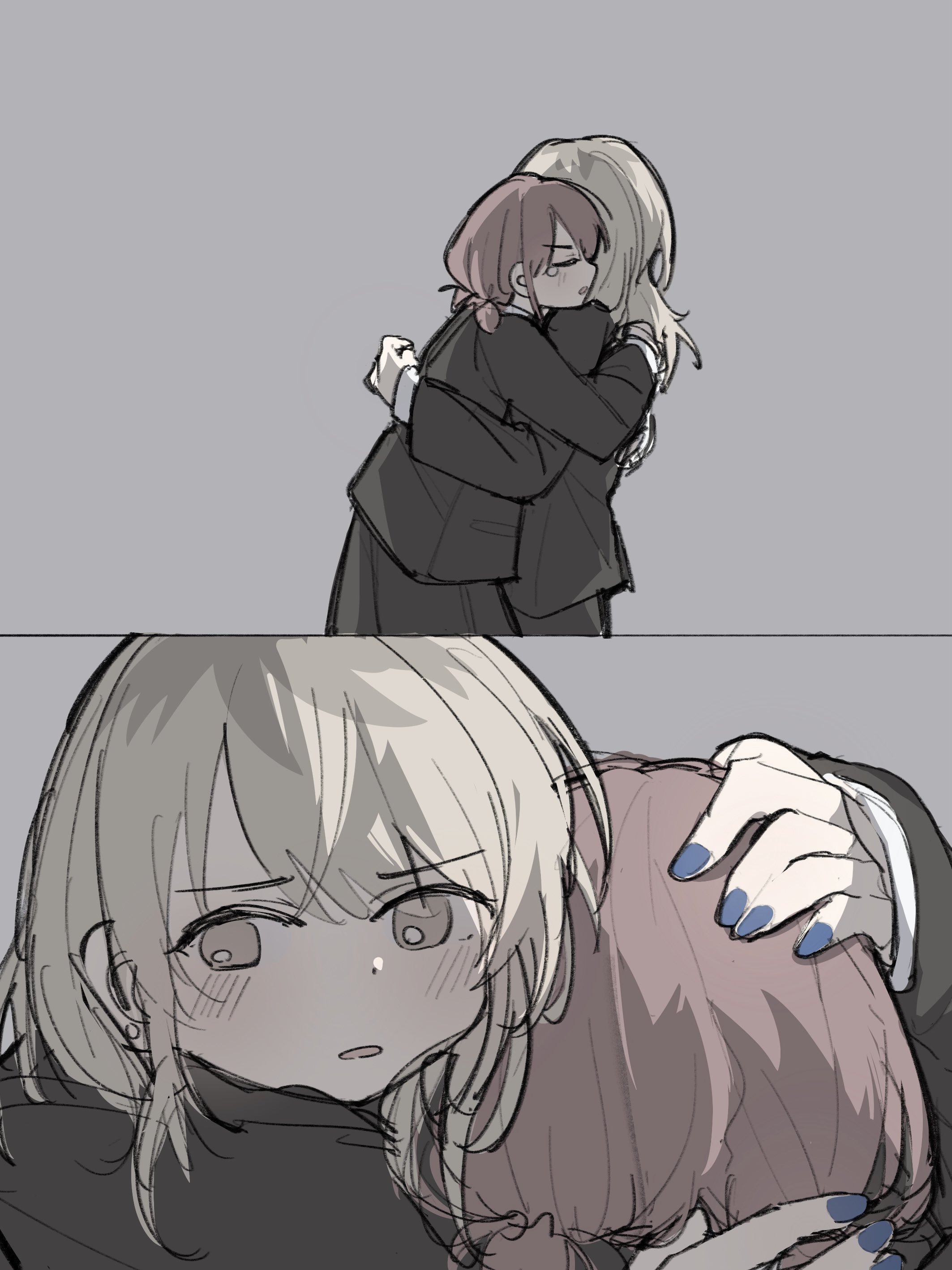 tetenohako, iseri nina, kawaragi momoka, girls band cry, absurdres, commentary request, highres, 2girls, black jacket, blue nails, brown hair, grey background, grey hair, hand on another's head, hug, jacket, long hair, low twintails, multicolored hair, multiple girls, nail polish, open mouth, roots (hair), short hair, short twintails, simple background, tearing up, twintails, yuri