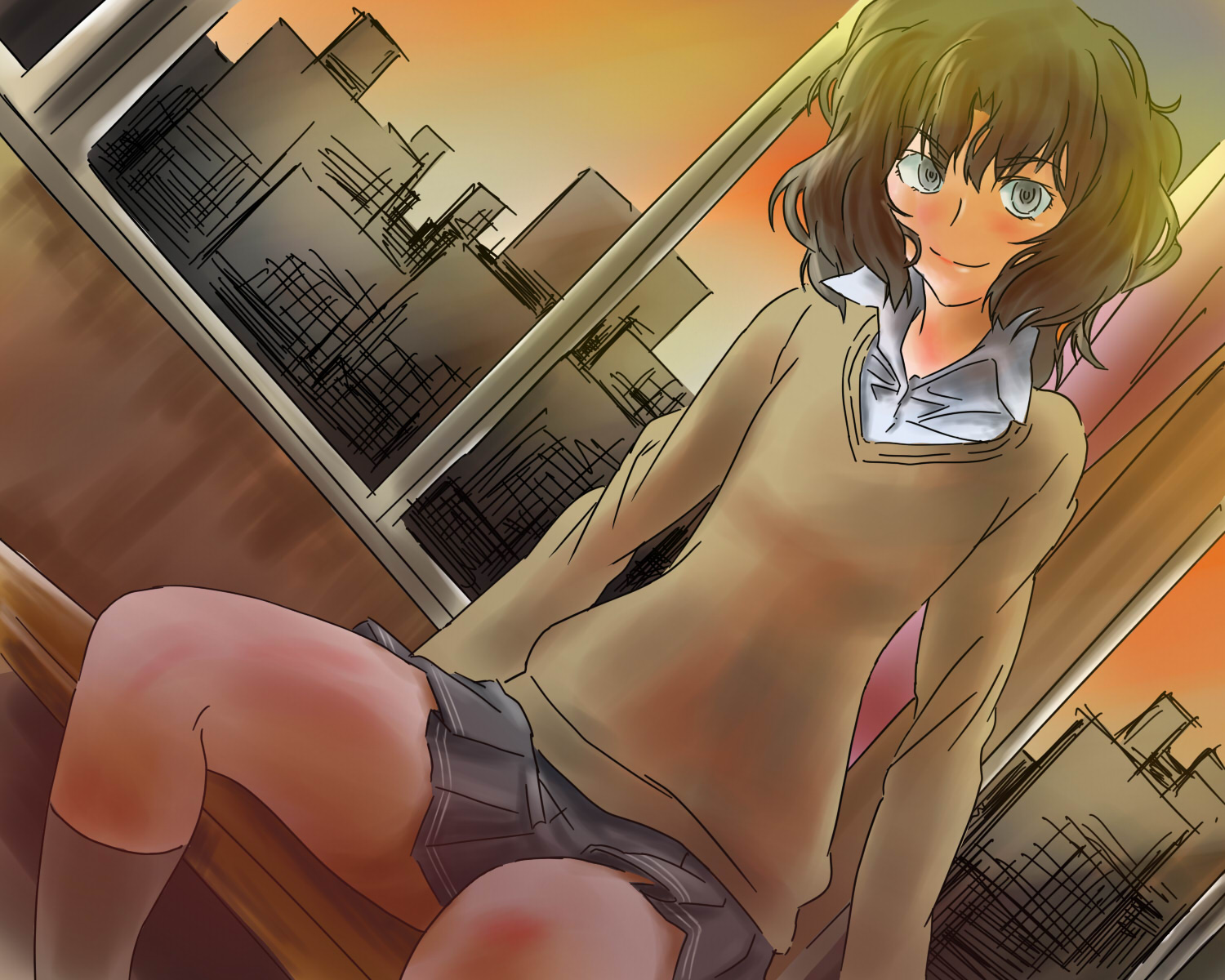 mas (5734ghji), tanamachi kaoru, amagami, highres, black eyes, black hair, messy hair, miniskirt, pleated skirt, school uniform, short hair, sitting, skirt, smile, socks, solo, sweater