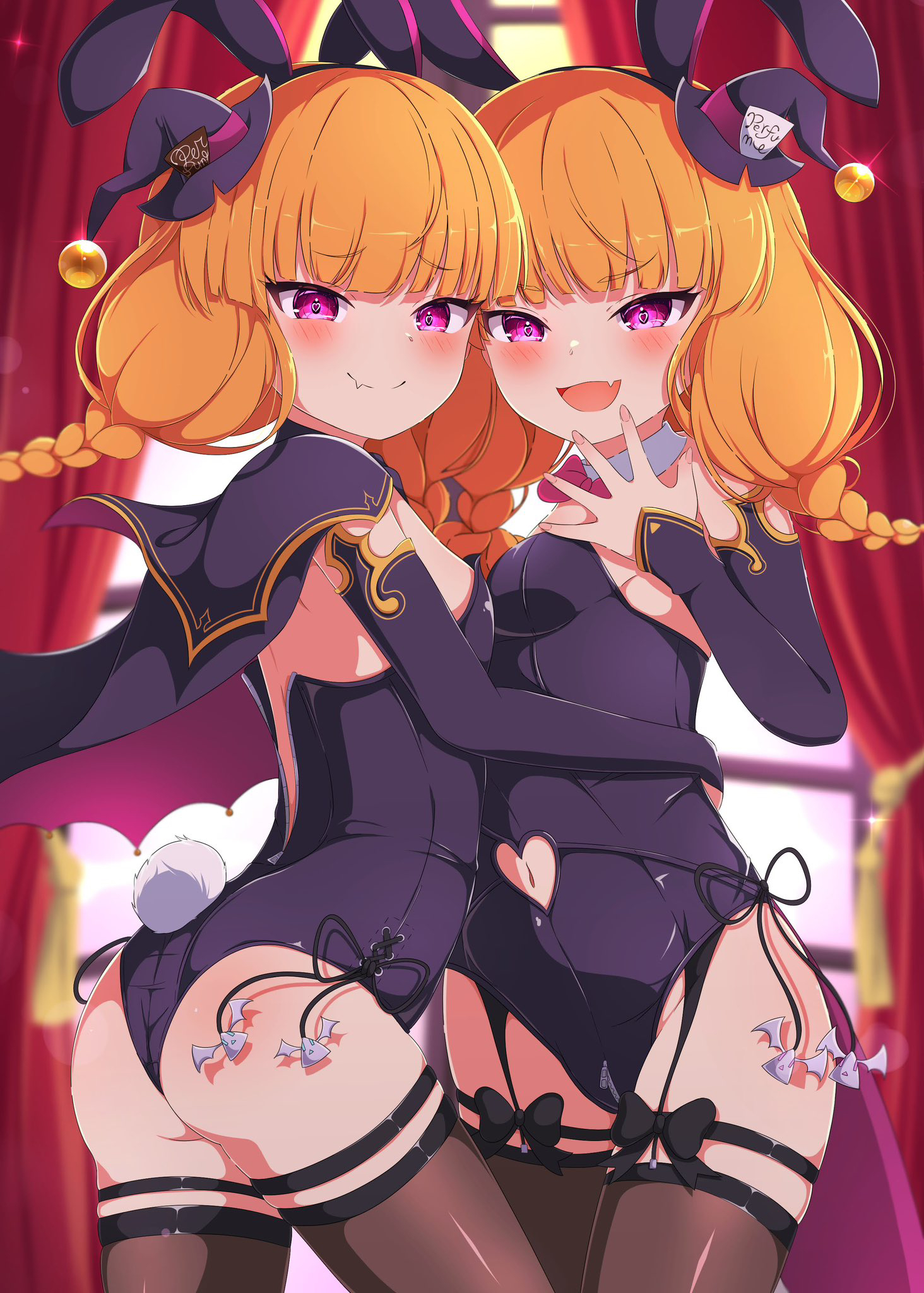 lida vv, ashita (sound voltex), cawol (sound voltex), bemani, sound voltex, highres, 2girls, animal ears, ass, black leotard, blonde hair, blurry, blurry background, blush, bow, braid, breasts, cape, covered navel, curtains, fake animal ears, fake tail, fang, garter straps, gloves, hat, indoors, leotard, long hair, looking at viewer, mini hat, mini top hat, multiple girls, open mouth, orange hair, playboy bunny, purple eyes, rabbit ears, rabbit tail, skin fang, small breasts, smile, strapless, strapless leotard, tail, thigh strap, thighhighs, tongue, top hat, twin braids, wings