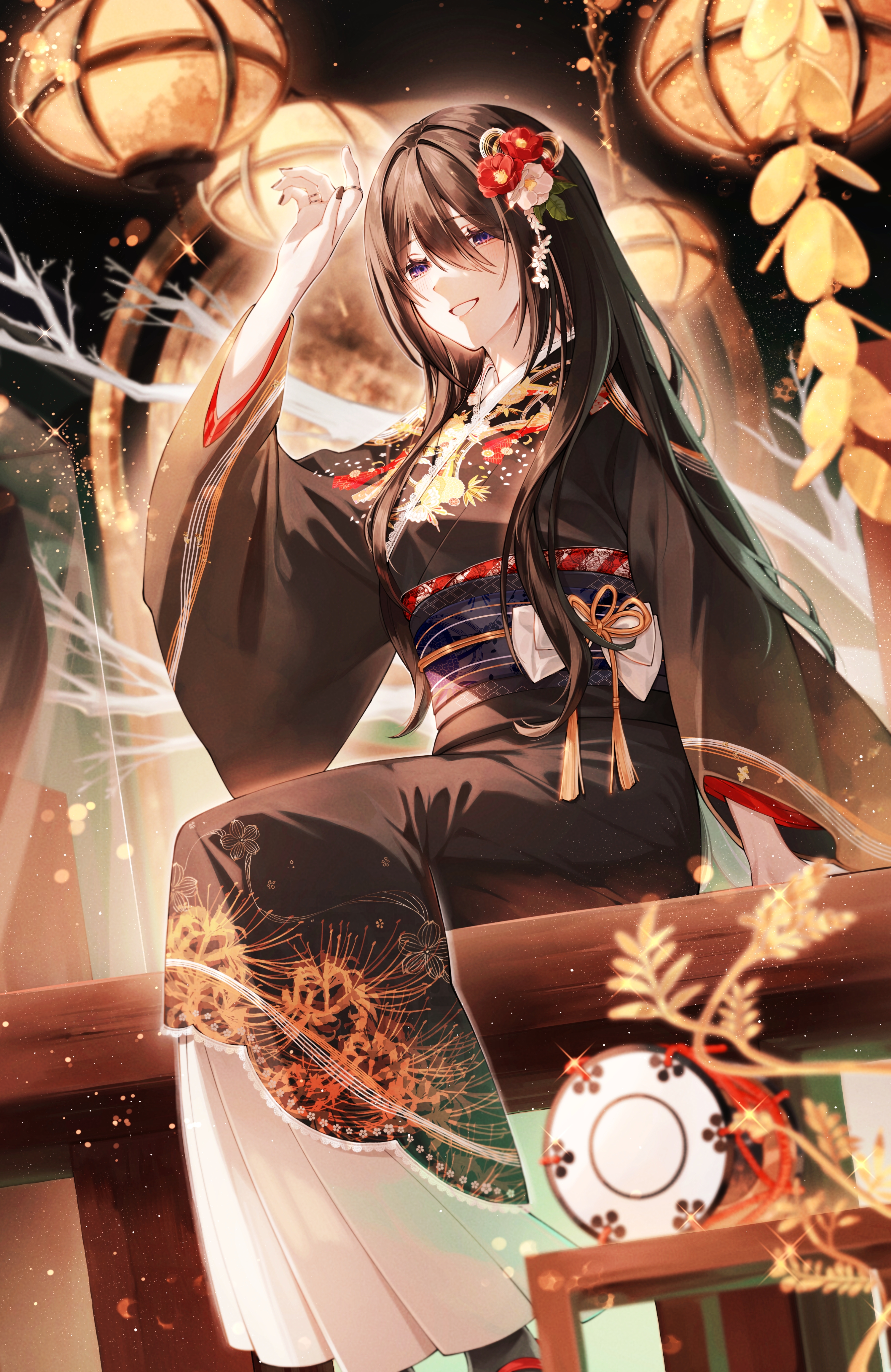 ohuton inu, original, absurdres, commentary request, highres, 1girl, arm up, black hair, black kimono, black nails, blurry, blurry foreground, blush, bow, drum, dutch angle, floral print, flower, flower knot, hair between eyes, hair flower, hair ornament, instrument, japanese clothes, kimono, lace, lace-trimmed kimono, lace trim, lantern, long hair, long sleeves, nail polish, parted lips, purple eyes, sash, shading eyes, sitting, smile, solo, spider lily print, sunlight, tree, tsuzumi, white bow