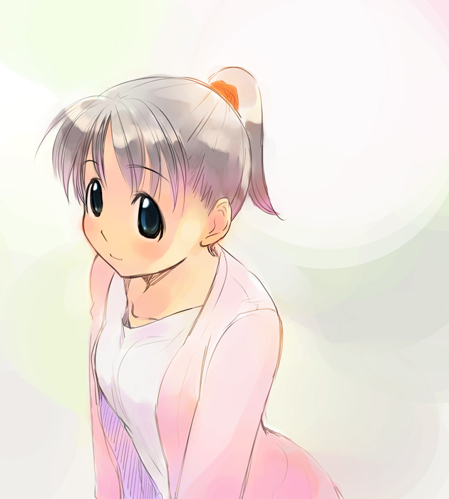 ikeda jun (mizutamari), 1girl, blazer, blue eyes, blush, breasts, collarbone, female focus, grey hair, jacket, ponytail, small breasts, solo