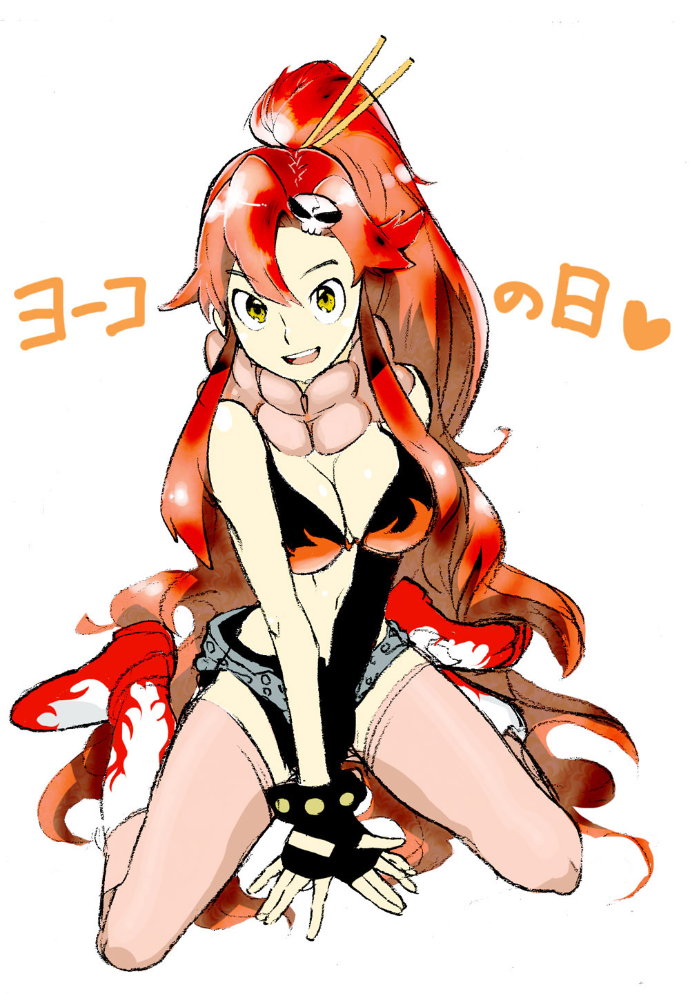 kojikaland, yoko littner, tengen toppa gurren lagann, bad id, bad pixiv id, highres, 00s, 1girl, belt, bikini, bikini top only, black bikini, breasts, cleavage, female focus, fingerless gloves, gloves, hair ornament, large breasts, midriff, pink thighhighs, ponytail, red hair, scarf, sitting, solo, striped clothes, striped scarf, swimsuit, thighhighs, yellow eyes