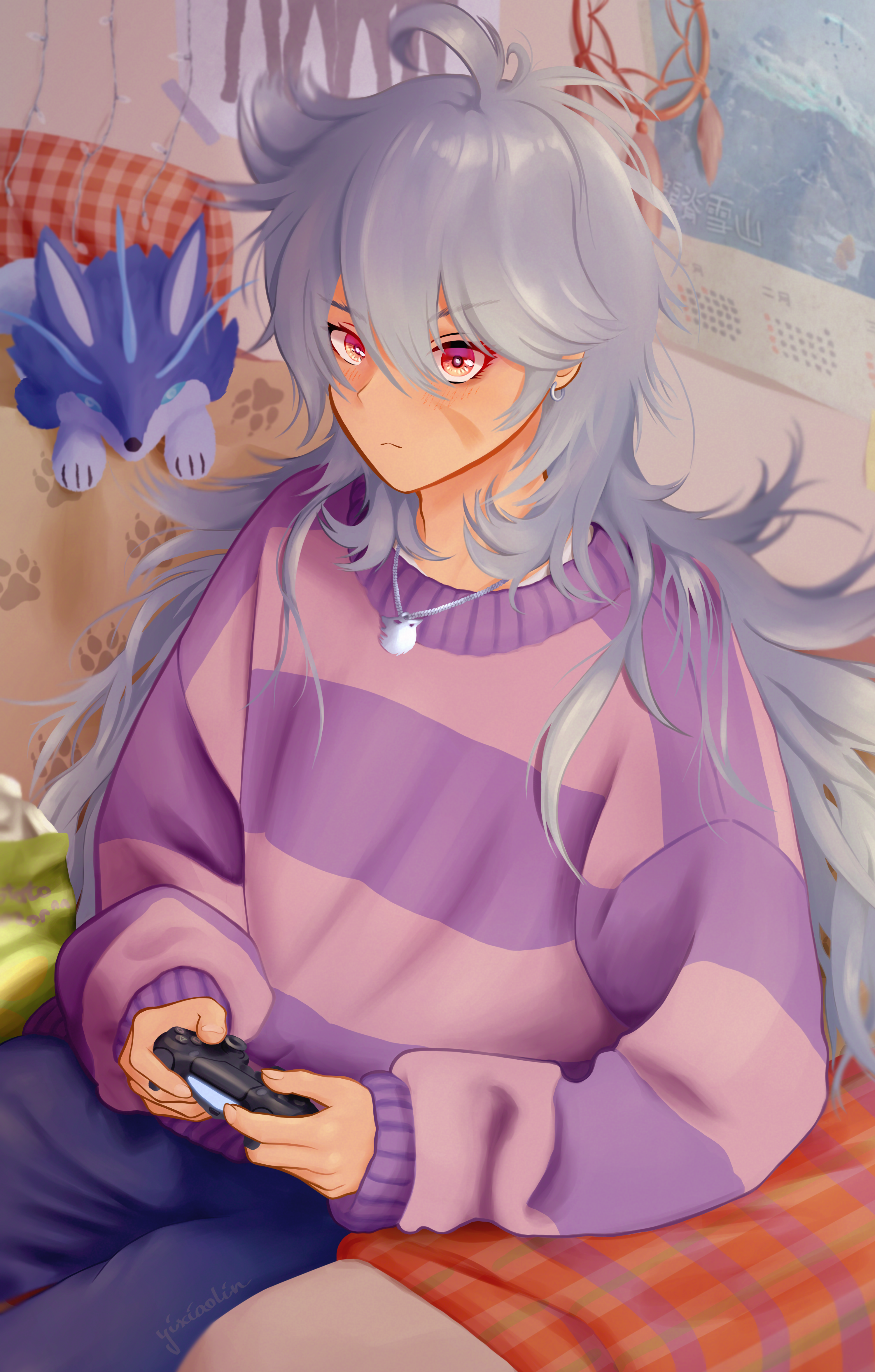 razor (genshin impact), genshin impact, absurdres, highres, 1boy, ahoge, closed mouth, controller, grey hair, hair between eyes, holding, joystick, long hair, looking at viewer, male focus, red eyes, scar, scar on face, solo, stuffed toy, yixiaolin