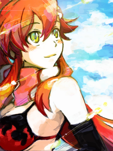 taira momen, yoko littner, tengen toppa gurren lagann, light, 00s, 1girl, bikini, bikini top only, female focus, gloves, hair ornament, ponytail, red hair, scarf, sidelocks, solo, swimsuit, tegaki