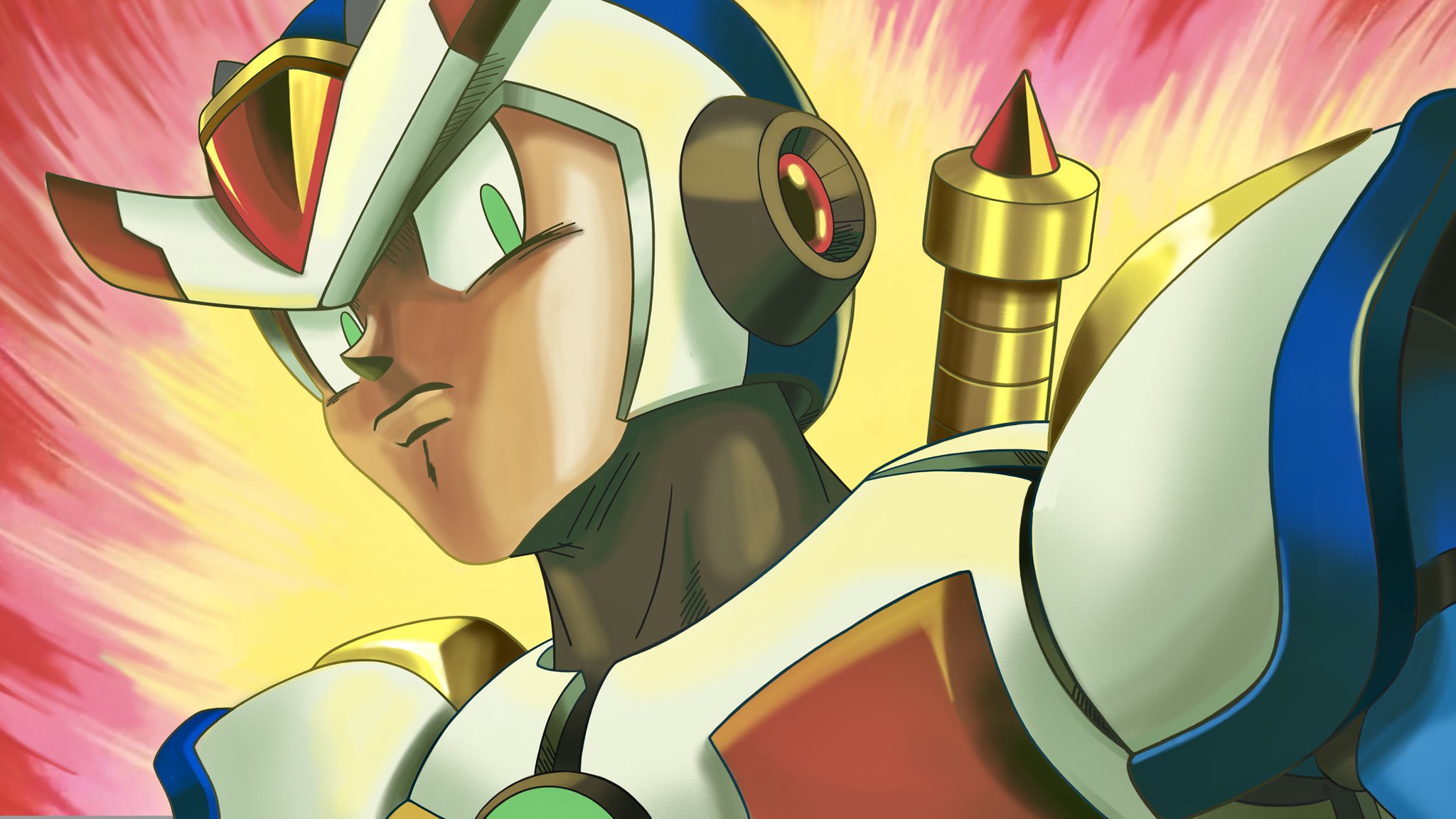 sprinqgueen, third armor x (mega man), x (mega man), dragon ball, dragonball z, mega man (series), mega man x3, mega man x (series), highres, 1boy, android, armor, chest jewel, forehead jewel, green eyes, helmet, jewelry, looking at viewer, robot, robot ears, scene reference, solo, white armor, white helmet, z saber