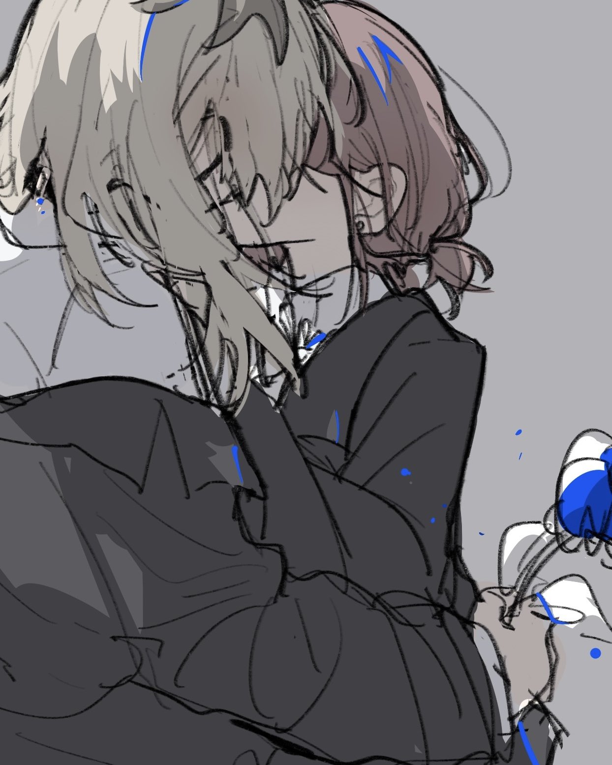 tetenohako, iseri nina, kawaragi momoka, girls band cry, highres, 2girls, black jacket, blue flower, blue rose, brown hair, flower, grey background, grey hair, holding, holding flower, jacket, kiss, long hair, multicolored hair, multiple girls, off shoulder, roots (hair), rose, shirt, short hair, simple background, white shirt, yuri