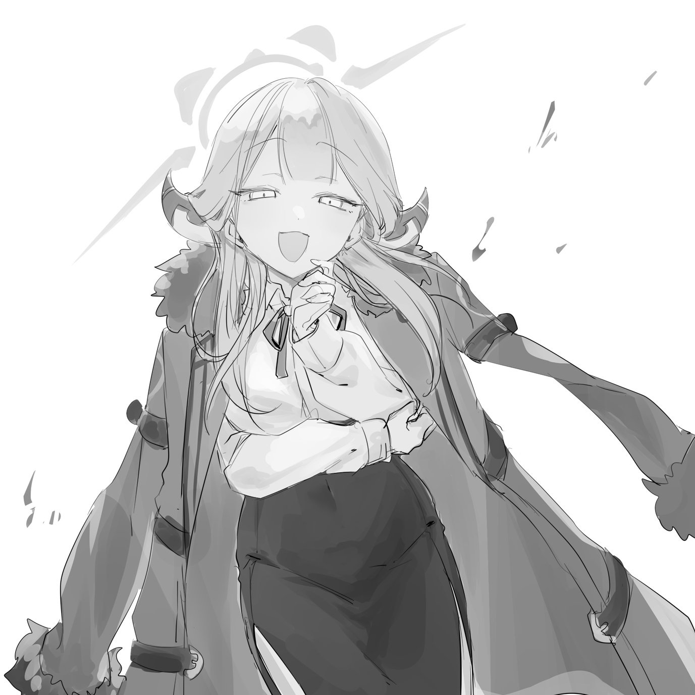 inotukuhito, aru (blue archive), blue archive, highres, 1girl, blunt bangs, coat, halo, hand on own chin, horns, long hair, looking at viewer, monochrome, open mouth, pencil skirt, ribbon, skirt, smug, white background