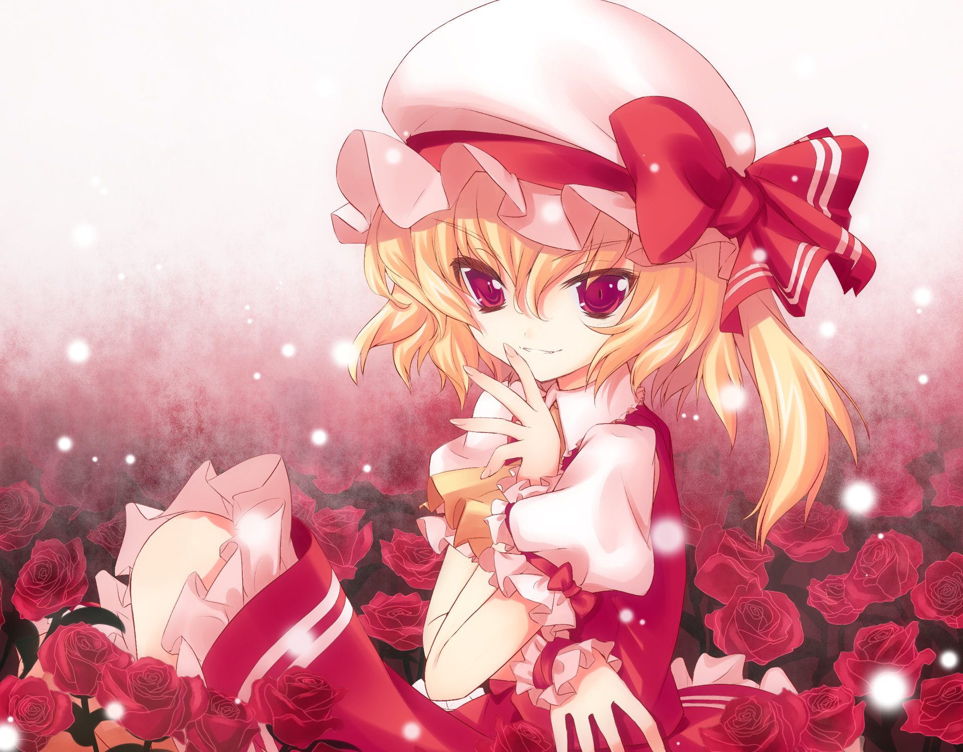 dada sky, dinyc, gotou nao, flandre scarlet, touhou, bad id, bad pixiv id, colorized, highres, 1girl, blonde hair, female focus, flower, from side, hair between eyes, hat, mob cap, one side up, ponytail, red eyes, ribbon, short hair, short hair with long locks, solo