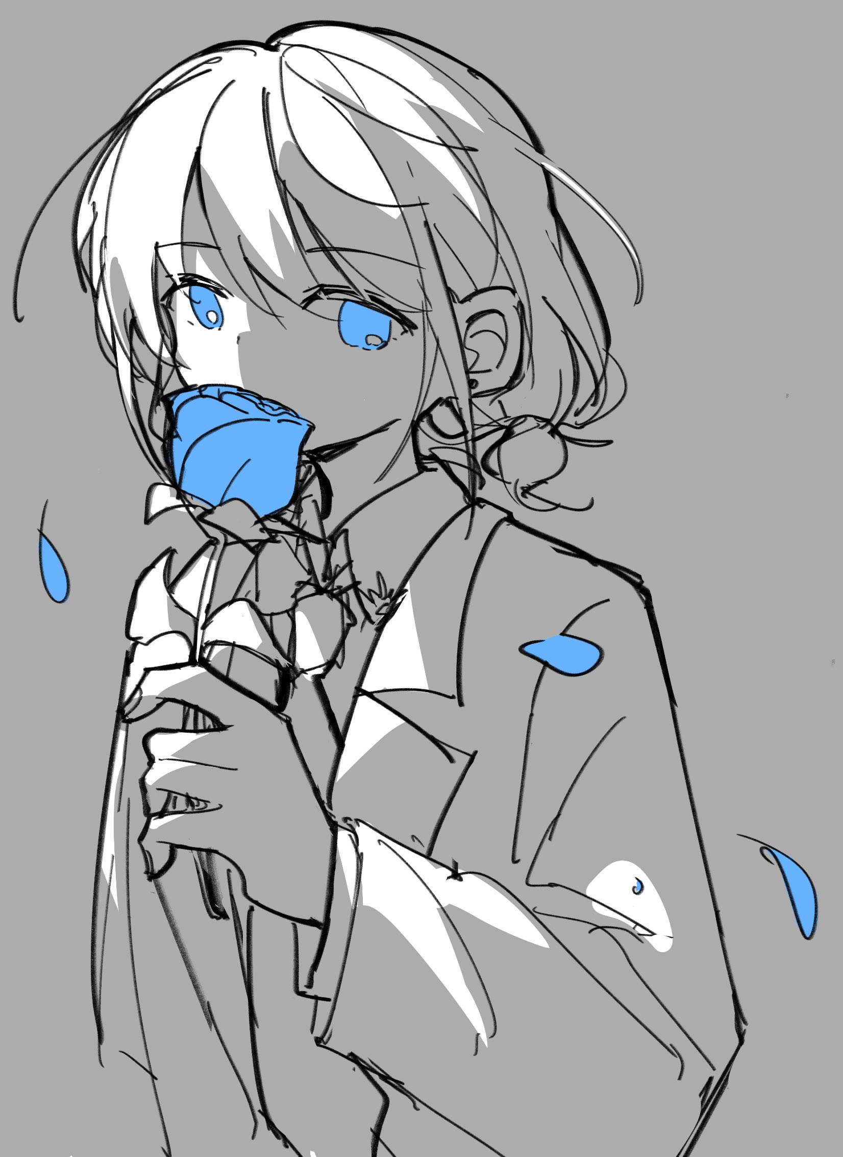 tetenohako, iseri nina, girls band cry, highres, 1girl, blue eyes, blue flower, collared shirt, falling petals, flower, grey background, jacket, long sleeves, necktie, petals, shirt, simple background, solo, spot color, upper body