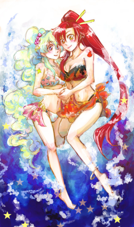 taira momen, nia teppelin, yoko littner, tengen toppa gurren lagann, 00s, barefoot, bikini, holding hands, long hair, swimsuit, very long hair