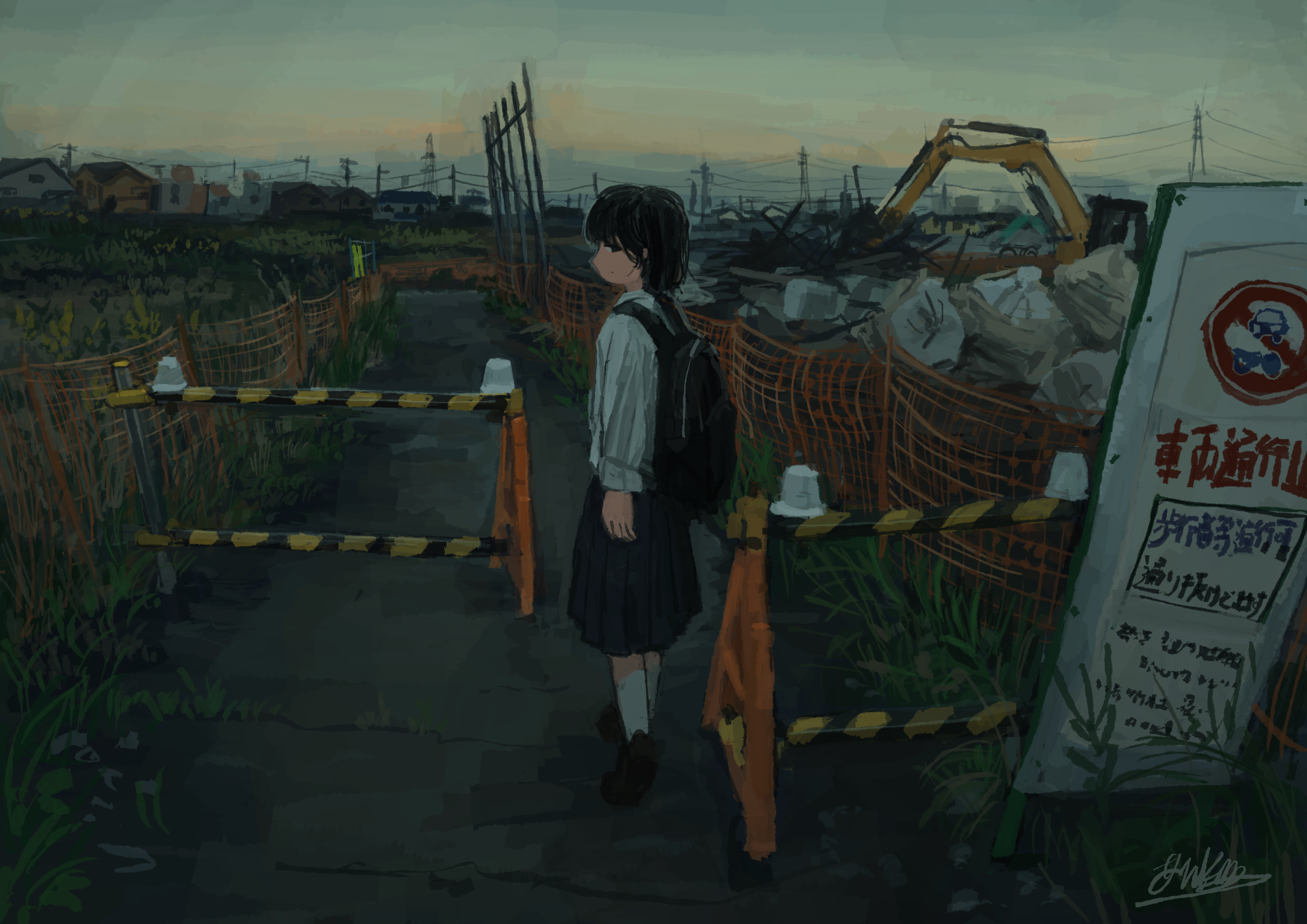anko1127, original, absurdres, commentary request, highres, 1girl, arm at side, backpack, bag, black bag, black hair, black shoes, black skirt, building, closed mouth, construction site, dot mouth, excavator, fence, from side, grass, long sleeves, medium skirt, outdoors, path, pleated skirt, power lines, profile, road, road sign, scenery, school uniform, shirt, shoes, short hair, sideways glance, sideways mouth, sign, signature, skirt, socks, solo, standing, traffic barrier, twilight, walking, white shirt, white socks, wide shot