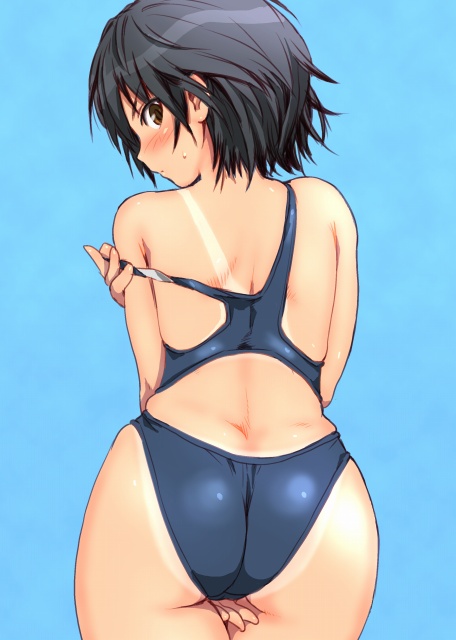 tks46, nanasaki ai, amagami, bad id, bad pixiv id, 1girl, ass, back, black hair, blue background, blush, brown eyes, competition swimsuit, female focus, from behind, looking back, one-piece swimsuit, one-piece tan, short hair, solo, strap slip, swimsuit, tan, tanline, thigh gap