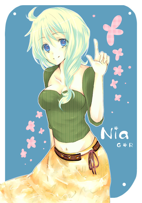 kasiwaba, nia teppelin, tengen toppa gurren lagann, bad id, bad pixiv id, 00s, 1girl, ahoge, belt, blue eyes, breasts, character name, female focus, flower, green hair, grin, hair over shoulder, looking at viewer, midriff, navel, ponytail, smile, solo, stomach, teeth