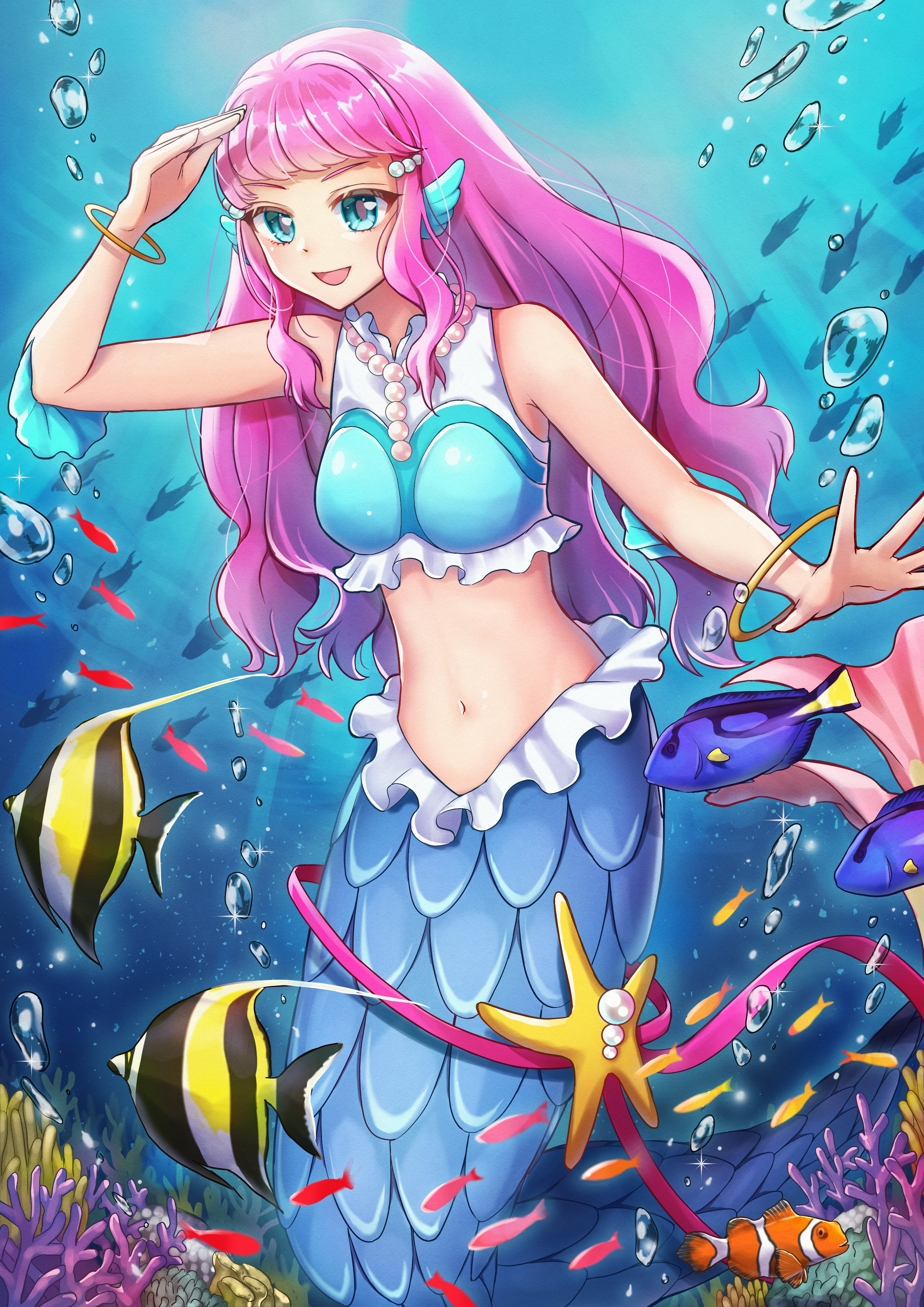ranchu000, laura la mer, precure, tropical-rouge! precure, absurdres, highres, 1girl, aqua eyes, bracelet, breasts, crop top, fish, gem, jewelry, long hair, looking at viewer, medium breasts, mermaid, monster girl, navel, ocean, open mouth, pearl (gemstone), pink hair, shirt, sleeveless, sleeveless shirt, smile, solo, stomach, string of pearls, swimming, underwater