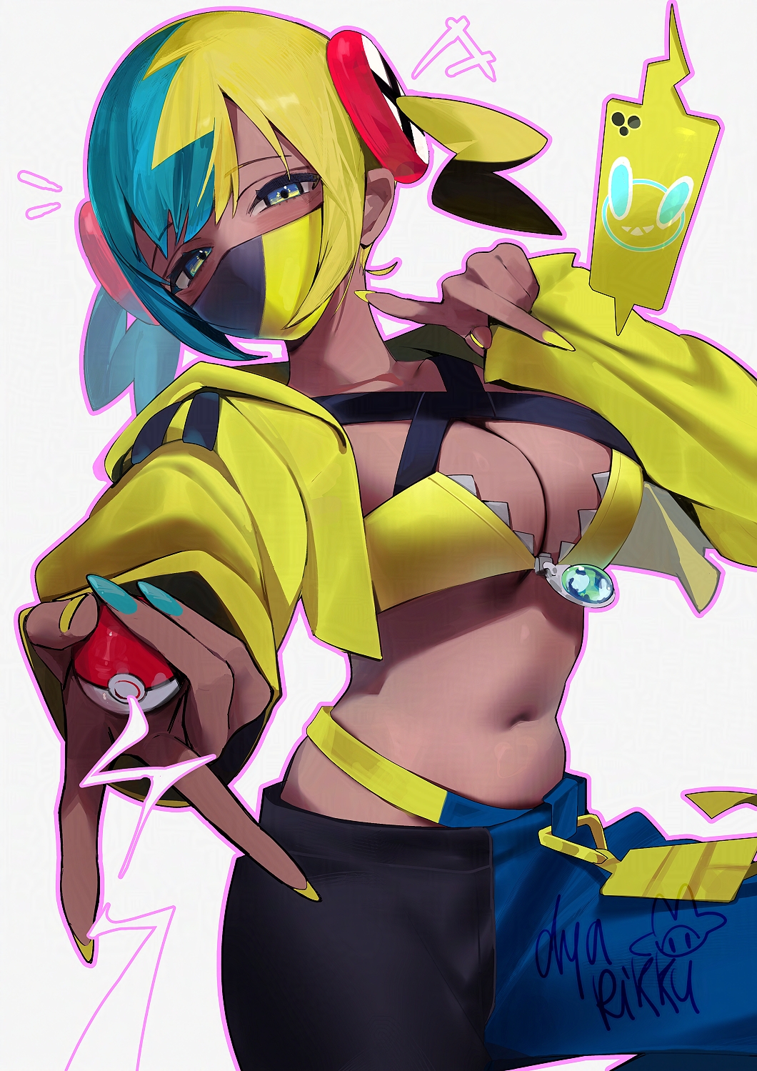 dyarikku, canari (pokemon), rotom, rotom phone, nintendo, pokemon, pokemon legends: z-a, adversarial noise, commentary, english commentary, highres, 1girl, aqua hair, aqua nails, artist name, black mask, black pants, blonde hair, blue eyes, blue pants, breasts, cellphone, covered mouth, cropped jacket, dark-skinned female, dark skin, gen 4 pokemon, gyaru v, holding, holding poke ball, index finger raised, jacket, large breasts, long sleeves, looking at viewer, mask, mouth mask, multicolored hair, nail polish, navel, open clothes, open jacket, outstretched arm, pants, phone, poke ball, poke ball (basic), short twintails, simple background, smartphone, solo, split-color hair, sports bra, twintails, two-tone hair, two-tone mask, two-tone pants, v, very long fingernails, white background, yellow jacket, yellow mask, yellow nails, yellow sports bra