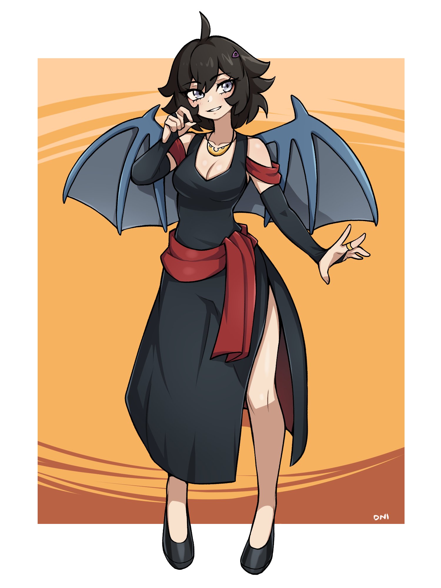 oninuer, original, commentary, commission, english commentary, highres, 1girl, ahoge, bare shoulders, black bridal gauntlets, black dress, black hair, black shoes, border, breasts, bridal gauntlets, cleavage, double-parted bangs, dragon wings, dress, full body, hair ornament, hairclip, hand up, jewelry, looking at viewer, medium breasts, necklace, orange background, outside border, parted lips, shoes, short hair, side slit, smile, solo, standing, white border, wings