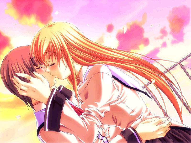 m&m, alcia elgarant, maho, magical witch academy, bad tag, game cg, tagme, 00s, 2girls, closed eyes, hgame, kiss, multiple girls, school uniform, sky, yuri