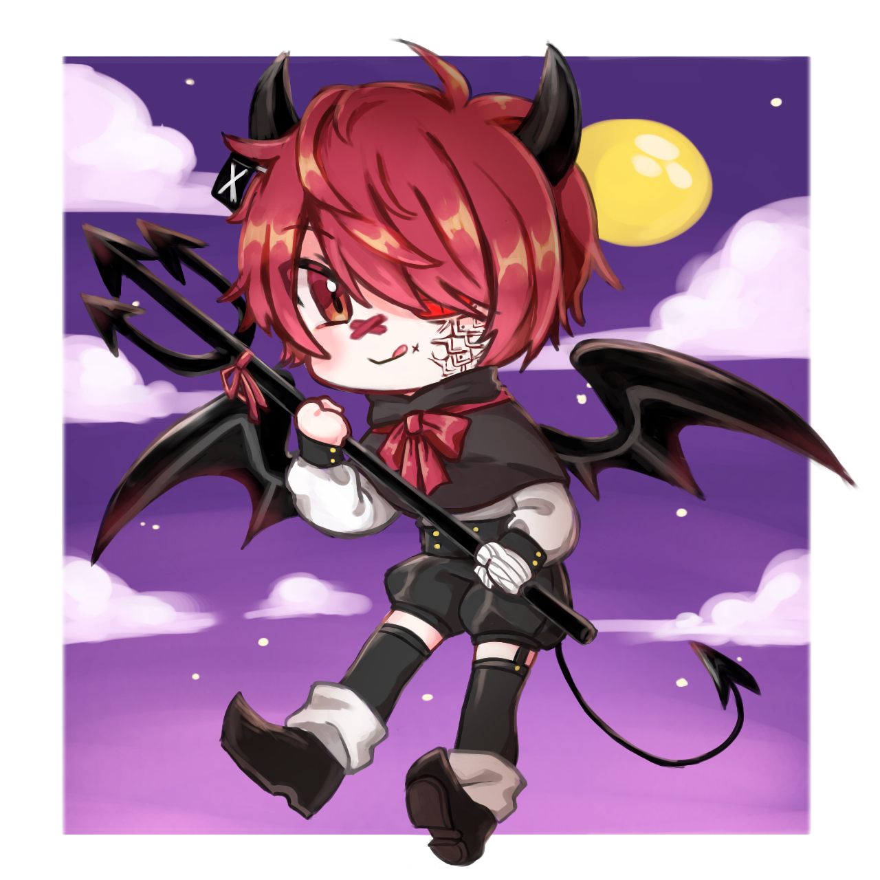 gimt5n, fukase, vocaloid, commentary request, highres, 1boy, :q, ahoge, ankle boots, ankle socks, bandaged hand, bandages, black boots, black capelet, black horns, black shorts, black thighhighs, black wings, boots, border, bow, bowtie, capelet, chibi, chibi only, closed mouth, cloud, demon boy, demon horns, demon wings, flag, full body, full moon, garter straps, hair over one eye, head flag, holding, holding pitchfork, horns, long sleeves, looking at viewer, male focus, moon, one eye covered, outside border, pitchfork, puffy long sleeves, puffy shorts, puffy sleeves, purple sky, red bow, red bowtie, red eyes, red hair, shirt, short hair, shorts, sky, socks, solo, standing, thighhighs, tongue, tongue out, white border, white shirt, white socks, wings