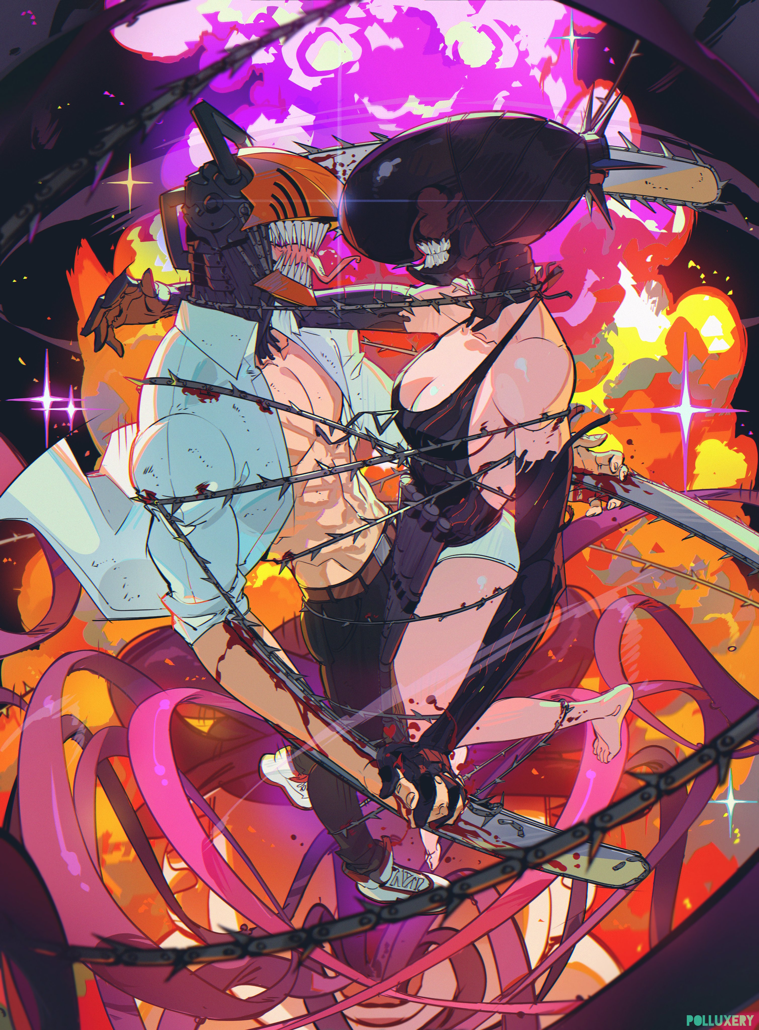 polluxery, bomb devil (chainsaw man), denji (chainsaw man), reze (chainsaw man), chainsaw man, absurdres, highres, 1boy, 1girl, alternate form, apron, black apron, bomb, chainsaw, collared shirt, dynamite, elbow gloves, explosion, explosion background, explosive, gloves, no undershirt, object head, pull cord, sharp teeth, shirt, teeth, transformation, white shirt