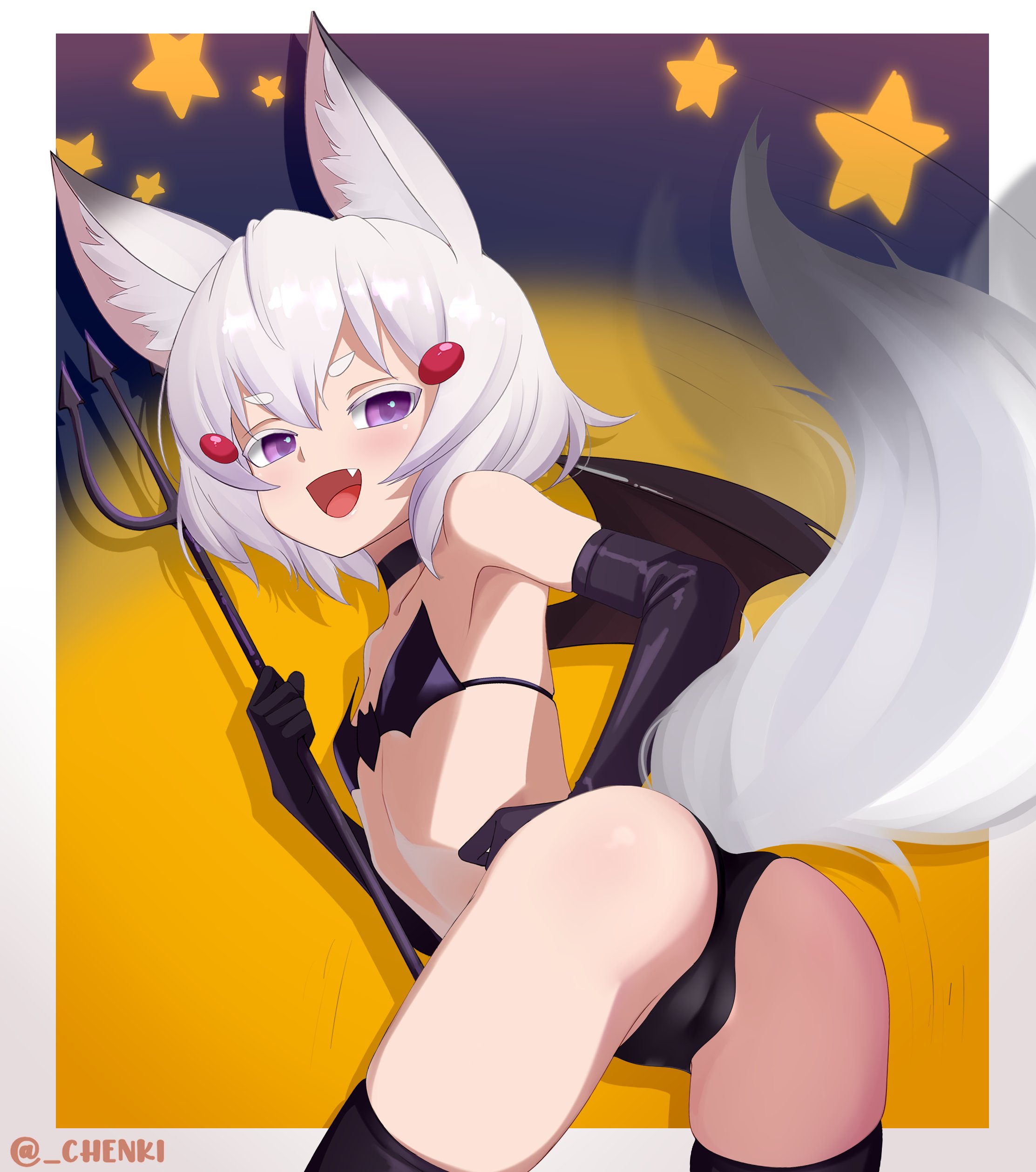 chenki (chenki), tenma maemi, phase connect, absurdres, commentary, english commentary, highres, 1girl, animal ears, ass, black thighhighs, breasts, elbow gloves, fox ears, fox tail, gloves, polearm, purple eyes, small breasts, smile, solo, tail, thighhighs, trident, weapon