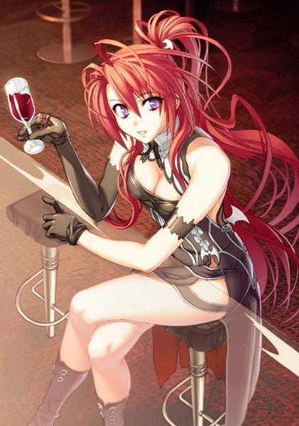 ignis (jingai makyou), jingai makyou, 1girl, alcohol, bar (place), bar stool, breasts, champagne, cleavage, crossed legs, elbow gloves, female focus, gloves, long hair, purple eyes, red hair, sitting, smile, solo, stool, thighhighs, wine