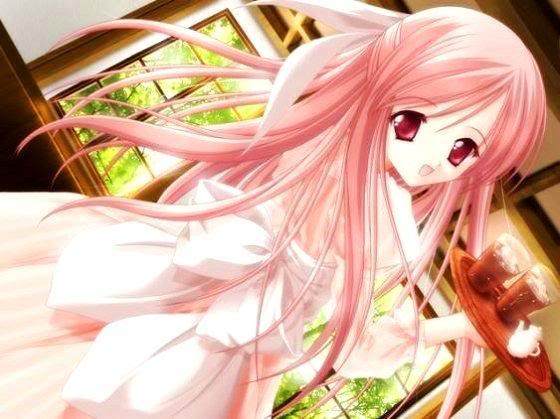 jpeg artifacts, cold beverage, dress, gown, long hair, pink hair, red eyes, smile, turning head, waitress