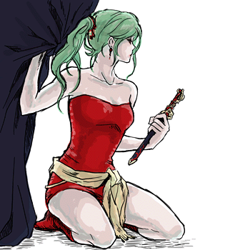mako (artist), tina branford, final fantasy, final fantasy vi, bad id, bad pixiv id, lowres, 1990s (style), dagger, dress, earrings, green hair, jewelry, knife, ponytail, red dress, retro artstyle, sitting, solo, weapon