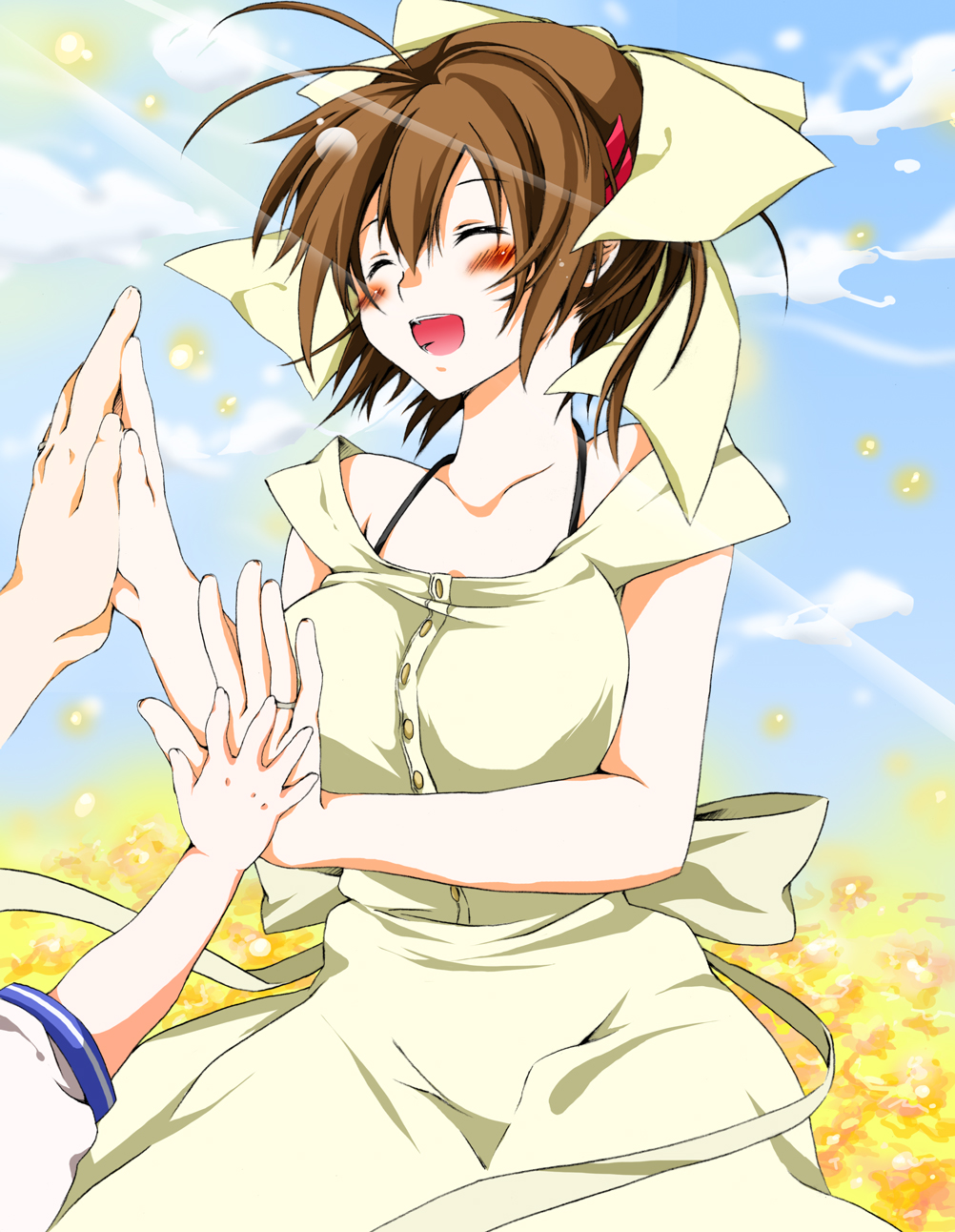 riku yama, furukawa nagisa, clannad, bad id, bad pixiv id, highres, 00s, 1girl, apron, blush, bow, breasts, brown hair, cloud, day, family, field, hair bow, hair ornament, hairclip, happy, holding hands, housewife, jewelry, large breasts, mature female, ring, sky, smile, solo focus, sunlight