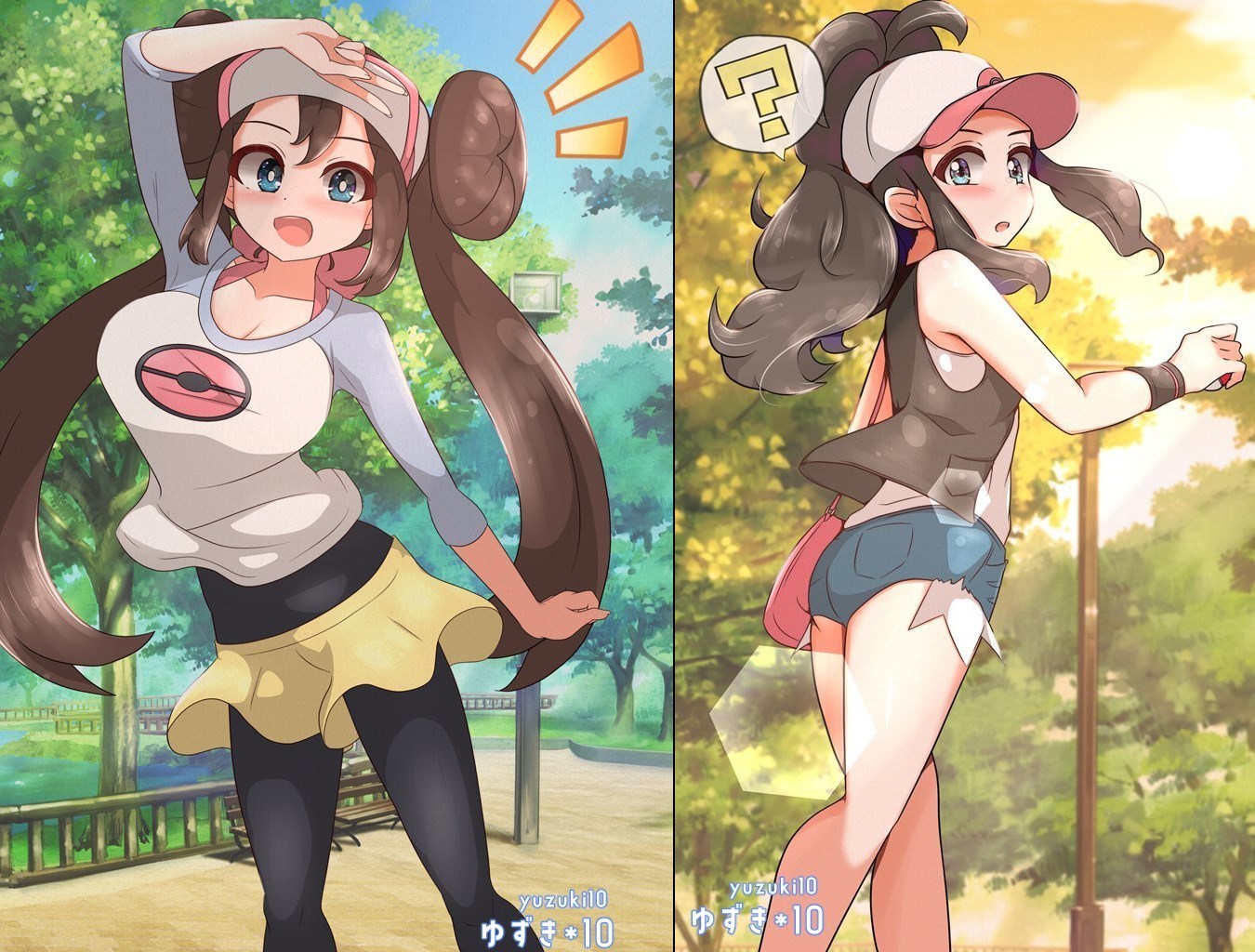 yuzukiaz, rosa (pokemon), nintendo, pokemon, pokemon bw, pokemon bw2, variant set, 2girls, arm above head, arm at side, arm up, ass, baseball cap, black vest, blue eyes, blue shirt, blue shorts, blush, breasts, brown hair, collarbone, day, denim, denim shorts, dot nose, feet out of frame, from behind, hat, large breasts, long hair, looking at viewer, looking back, multiple girls, multiple views, open mouth, outdoors, pantyhose, ponytail, red hat, shirt, shorts, smile, standing, sunset, surprised, t-shirt, twintails, two-tone hat, two-tone shirt, vest, white hat, white shirt, yellow shorts
