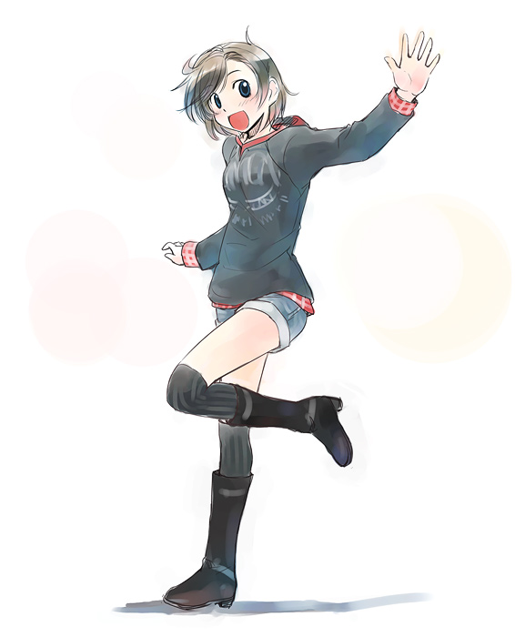 ikeda jun (mizutamari), boots, denim, denim shorts, happy, jacket, kneehighs, messy hair, short hair, shorts, socks, solo, thighhighs