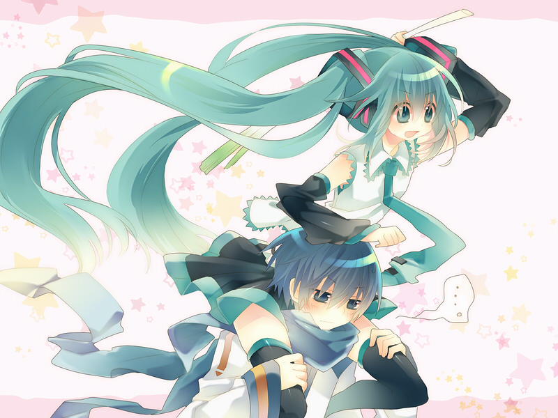 yamiya (8 18dlq), hatsune miku, kaito (vocaloid), vocaloid, bad id, bad pixiv id, aqua eyes, aqua hair, blue eyes, blue hair, carrying, detached sleeves, long hair, necktie, scarf, shoulder carry, skirt, spring onion, thighhighs, twintails, very long hair, zettai ryouiki