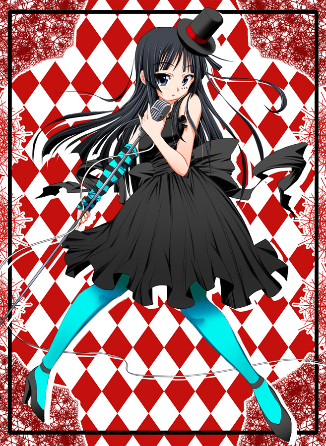 hirorin, nekono matatabi, akiyama mio, don't say "lazy", k-on!, striped, 00s, 1girl, black hair, blue eyes, blue pantyhose, blunt bangs, dress, facepaint, female focus, gloves, hat, hime cut, microphone, microphone stand, mini hat, mini top hat, pantyhose, single glove, solo, top hat