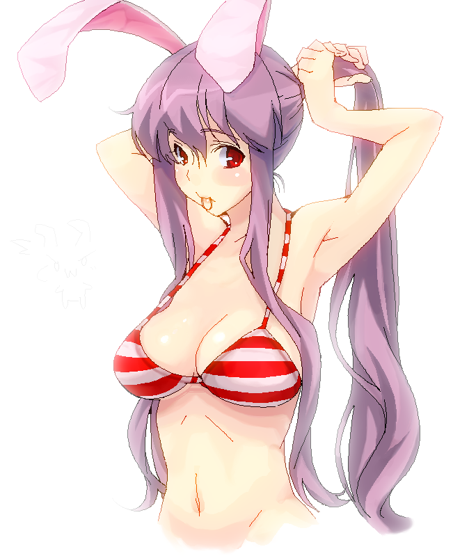 amami amayu, reisen udongein inaba, touhou, 1girl, alternate hairstyle, animal ears, armpits, backlighting, bikini, bikini top only, blush, breasts, female focus, groin, large breasts, long hair, mouth hold, oekaki, ponytail, purple hair, rabbit ears, red eyes, solo, string bikini, swimsuit, upper body