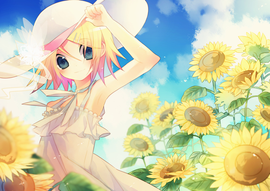 yamiya (8 18dlq), kagamine rin, vocaloid, bad id, bad pixiv id, armpits, blonde hair, blue eyes, day, dress, flower, hair ornament, hairclip, hat, short hair, solo, spaghetti strap, sundress, sunflower