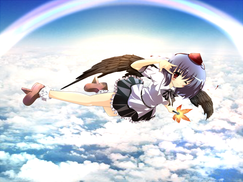 rika-tan (rikatantan), shameimaru aya, touhou, bad id, bad pixiv id, 1girl, m/, black wings, cloud, female focus, flying, geta, hand fan, hat, looking at viewer, rainbow, red eyes, rikako, skirt, sky, solo, tengu-geta, tokin hat, wings