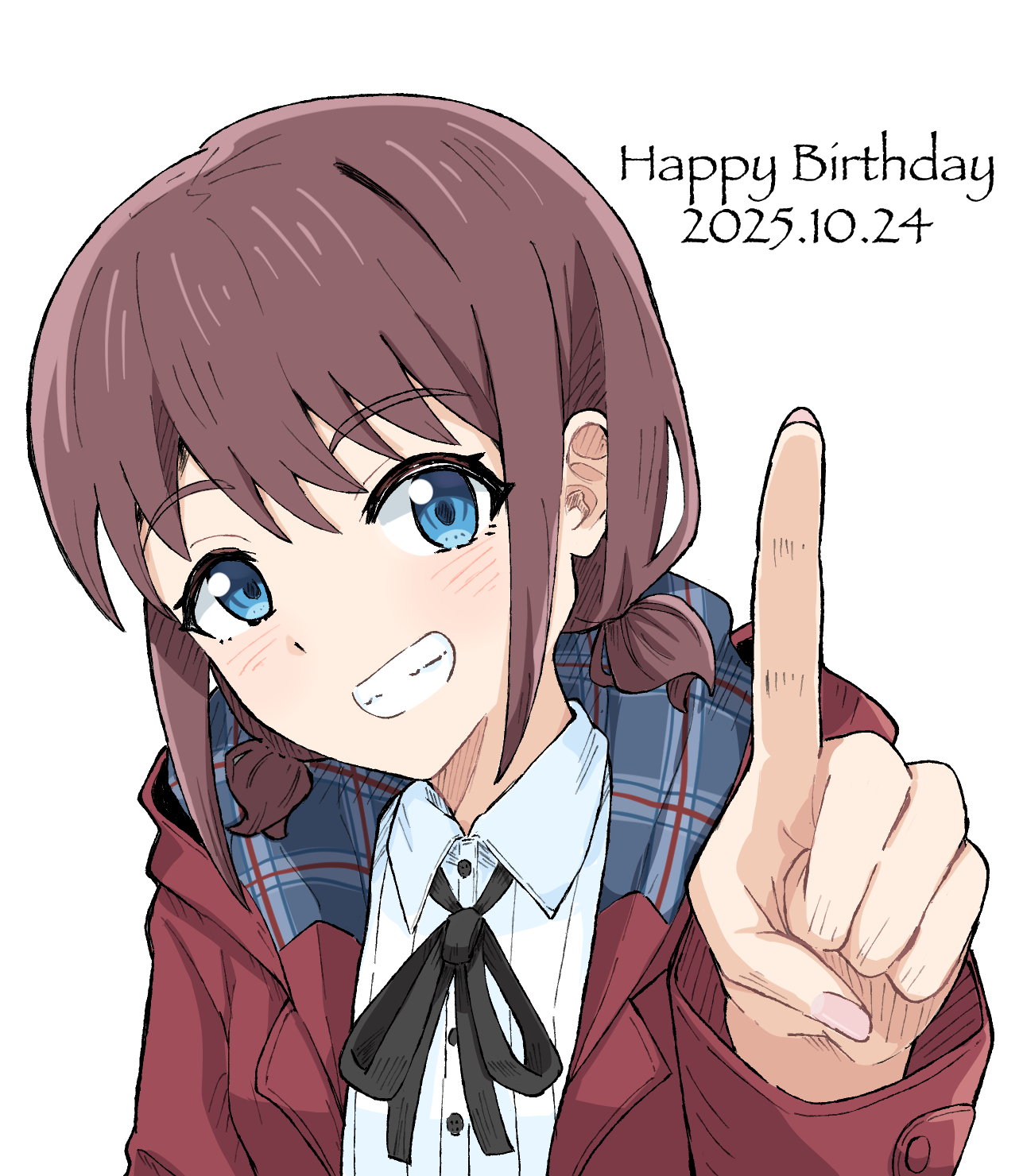 sagittarius (cruxhkg), iseri nina, girls band cry, commentary, highres, revision, 1girl, black ribbon, blue eyes, brown hair, clenched teeth, dated, happy birthday, index finger raised, jacket, looking at viewer, low twintails, neck ribbon, open clothes, open jacket, red jacket, ribbon, shirt, short hair, short twintails, simple background, solo, teeth, twintails, upper body, white background, white shirt