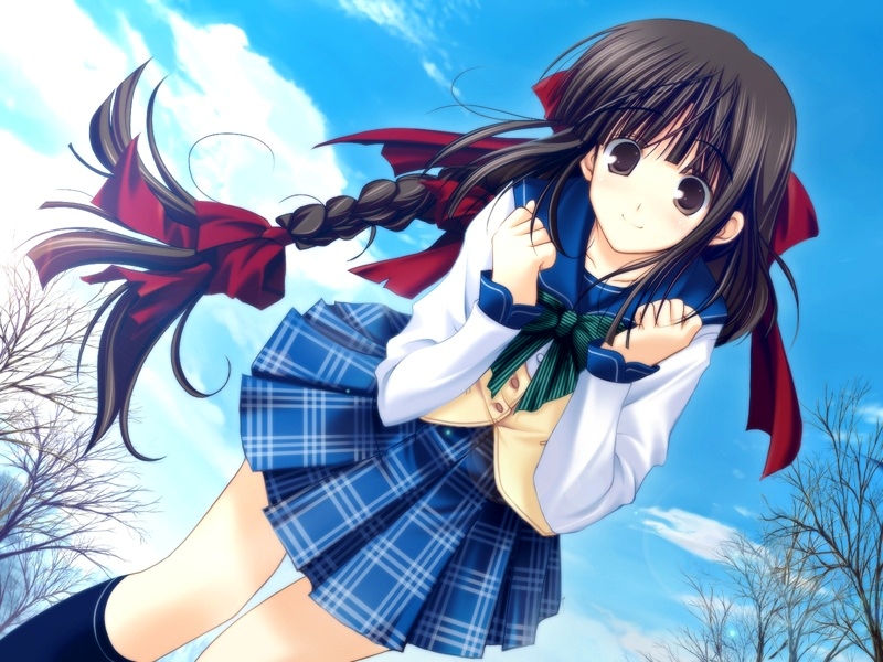 chinochimochi, tanihara natsuki, kuruma fuji, circus (studio), homemaid, homemaid sweets, game cg, non-web source, 1girl, braid, brown eyes, brown hair, cloud, day, dutch angle, female focus, long hair, school uniform, sky, solo