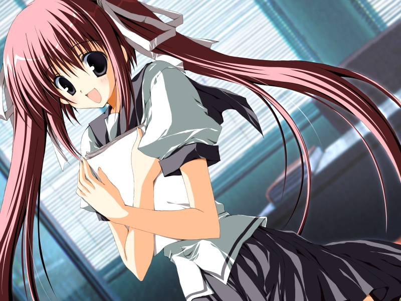 korie riko, arai misaki, diagnosis, game cg, non-web source, 1girl, black eyes, dutch angle, female focus, hair ribbon, happy, long hair, open mouth, papers, pink hair, red hair, ribbon, school uniform, skirt, solo, twintails