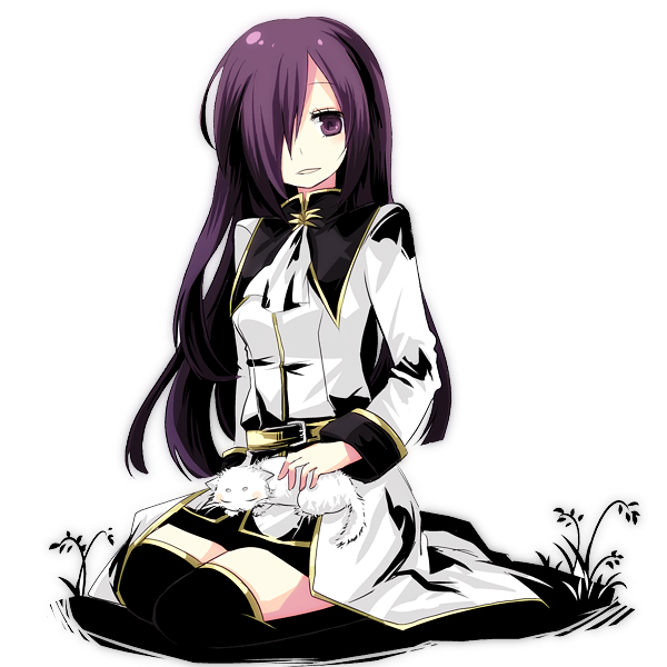 aruya (flosrota), pixiv fantasia, bad id, bad pixiv id, belt, black thighhighs, cat, hair over one eye, kneeling, long hair, purple eyes, purple hair, seiza, sitting, smile, solo, thighhighs